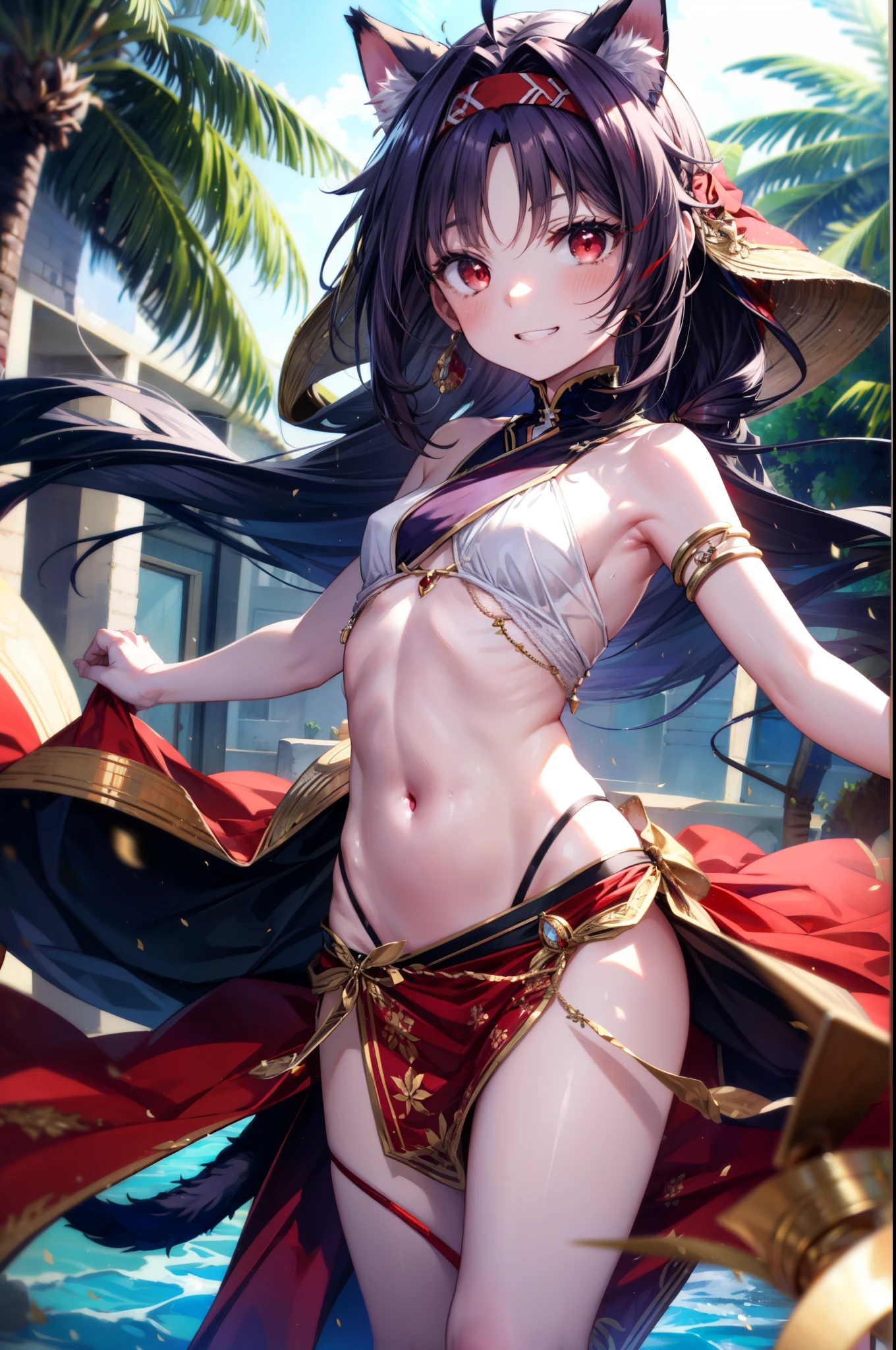 yuukikonno, Konno Yuuki,  Hair Band ,  long hair, Cat ears,Cat tail,  purple hair, ( Red Eyes:1.5), ( small breasts:1.2),smile,blush, grin , Arabian costume,  dancer, belly Dancing,  armlet, Bare legs, palm tree , sand,Dancing,noon,whole bodyがイラストに入るように,
break looking at viewer,whole body,
break outdoors, sand漠,oasis,
break (masterpiece:1.2),  best quality,  high resolution, unity 8k wallpaper, (figure:0.8), ( Beautiful, detailed eyes :1.6),   very detailed face ,  PERFECT LIGHTING ,   highly detailed CG, (perfect hand,  perfect anatomy),