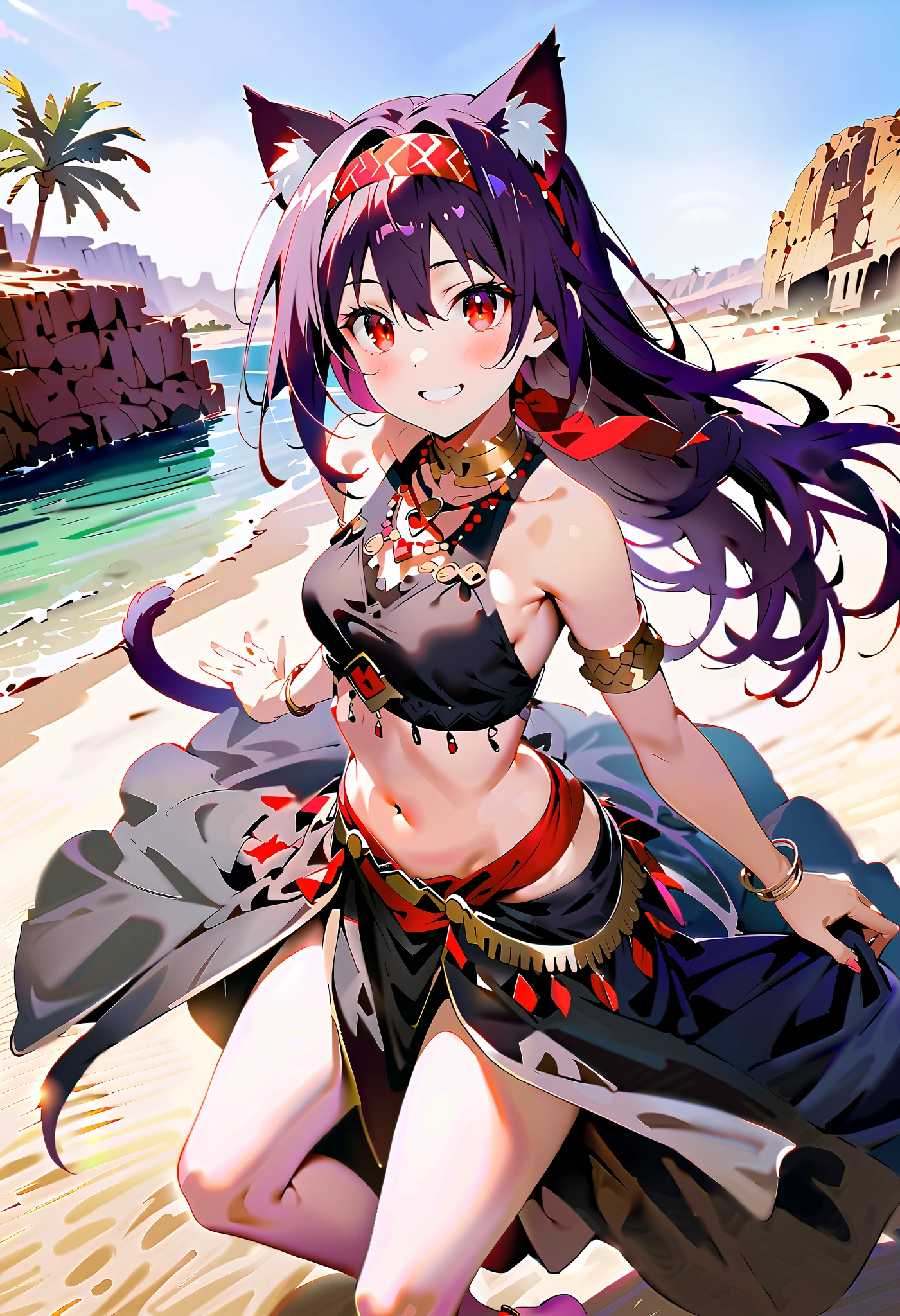 yuukikonno, Konno Yuuki,  Hair Band ,  long hair, Cat ears,Cat tail,  purple hair, ( Red Eyes:1.5), ( small breasts:1.2),smile,blush, grin , Arabian costume,  dancer, belly Dancing,  armlet, Bare legs, palm tree , water, Dancing,noon,whole bodyがイラストに入るように,
break looking at viewer,whole body,
break outdoors,  desert,oasis,
break (masterpiece:1.2),  best quality,  high resolution, unity 8k wallpaper, (figure:0.8), ( Beautiful, detailed eyes :1.6),   very detailed face ,  PERFECT LIGHTING ,   highly detailed CG, (perfect hand,  perfect anatomy),