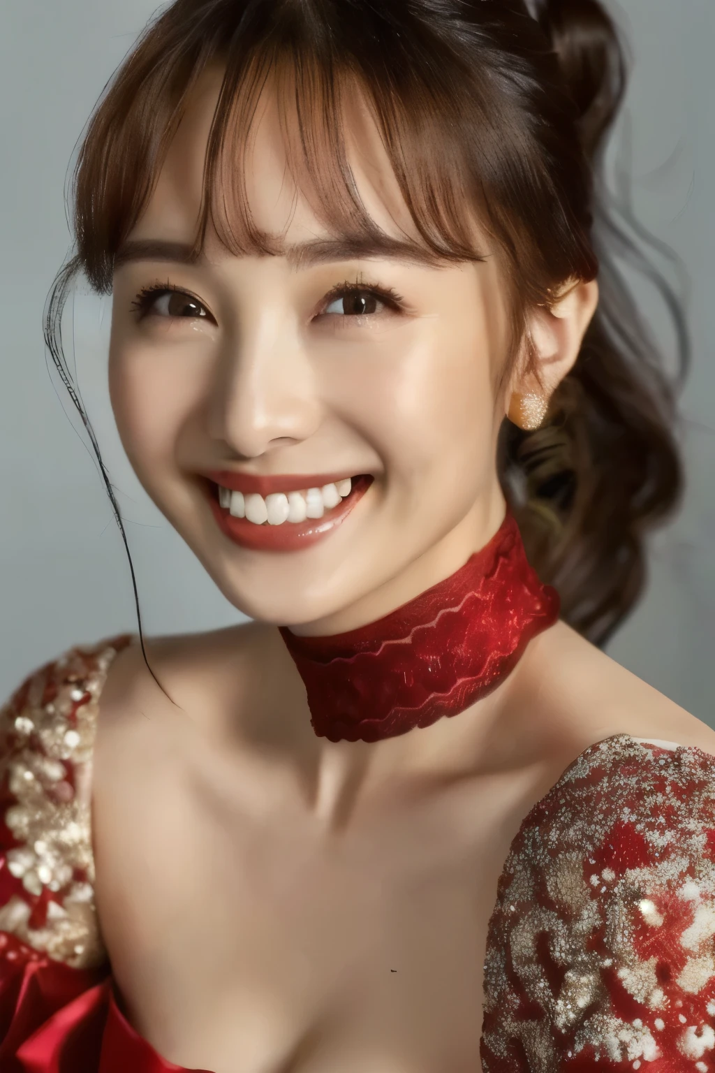 ((red wedding dress)), (masterpiece,  top quality,  The beautiful quality of  ,  photorealistic ,  detailed lighting , Extremely detailed skin,  Extremely Detailed Hair ,  Shadow, 8k,  black hair,  upper body,  One Girl , smile,  (((Ponytail))),  teeth,  Watch Viewers , Dimples, Dimpless on cheeks, fc portrait:1.2),  red choker 、((bangs))、 off shoulder、Accurate Eyes、