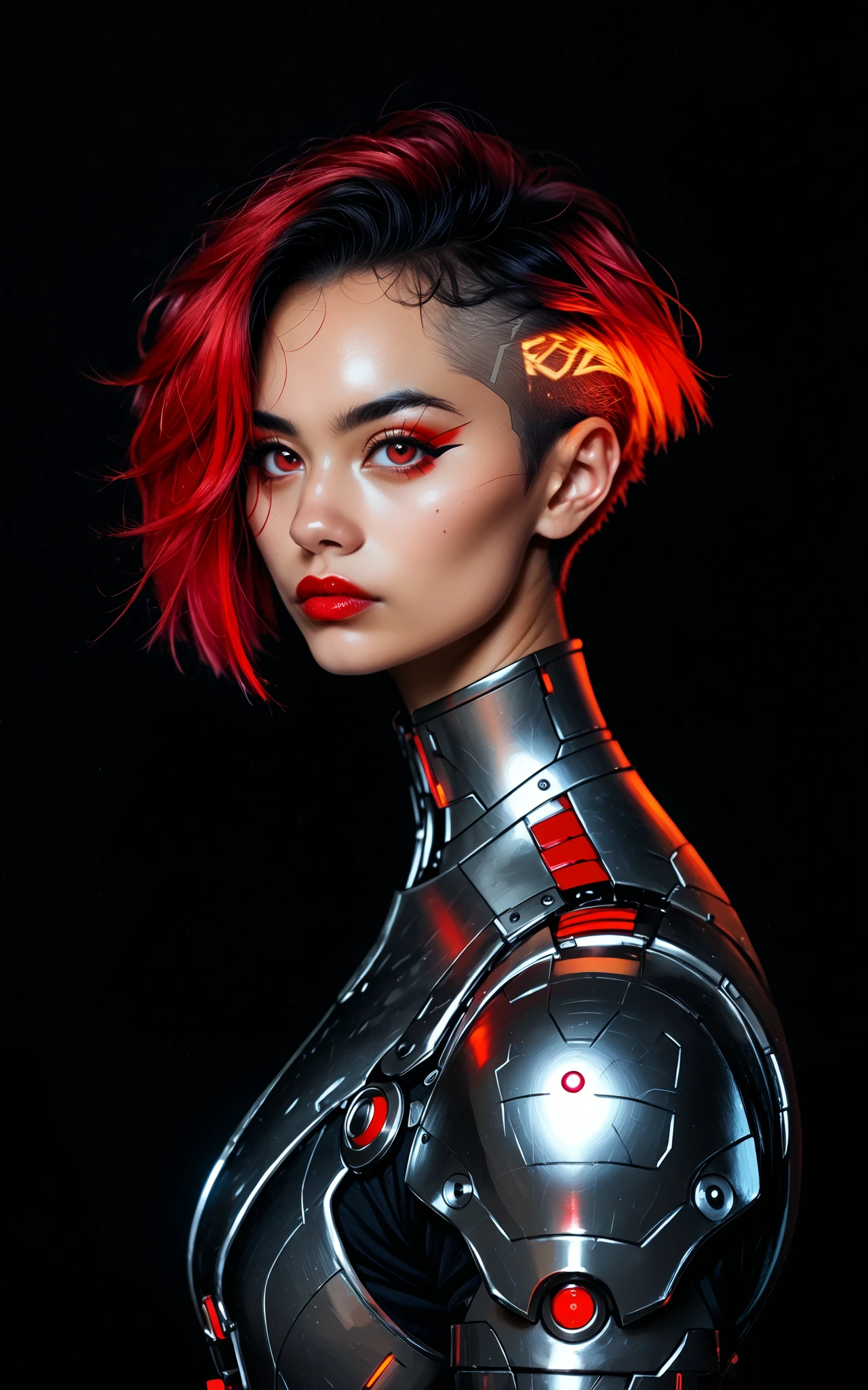 (score_9, score_8_up), score_7_up, zPDXL, Asian, Black tecninja cyberpunk armor with red details, short black hair with red highlights, red eyes, black background, film grain, cowboy shot sinozick style,gigantic boobs,