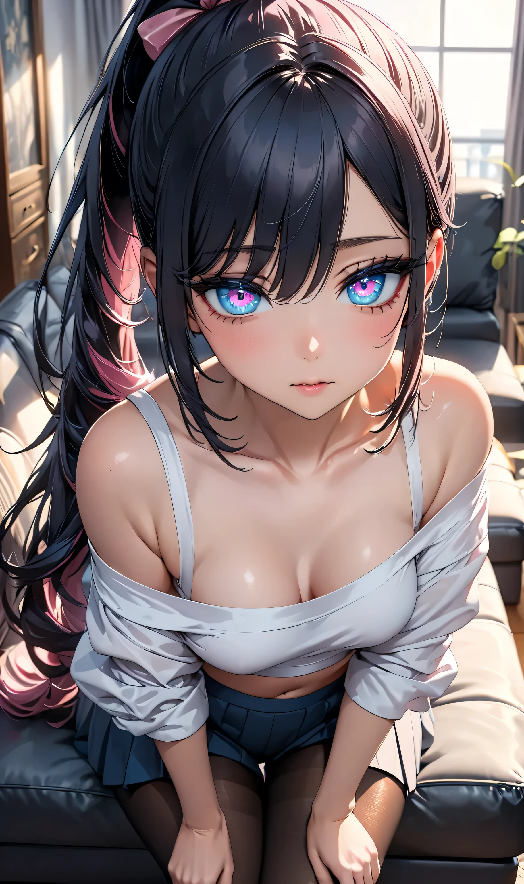 Full body, ((Random pose)), (perfect anatomy), Mastepiece、Ultra High Quality、 8k、masterpiece、Best Quality、Ultra-high resolution、Maximum resolution、Very detailed、Professional Lighting、anime、woman, (((Pink eyes)))、thin、so beautiful、(((Highly detailed eyes)))、(((Very beautiful eyes)))、Highly detailed face、Black Hair, ((Blue eyes)), Ponytail Hairstyle, Crop top shirt, Off-Shoulder、Pantyhose, Small breast, Hands behind, Living room, sofa