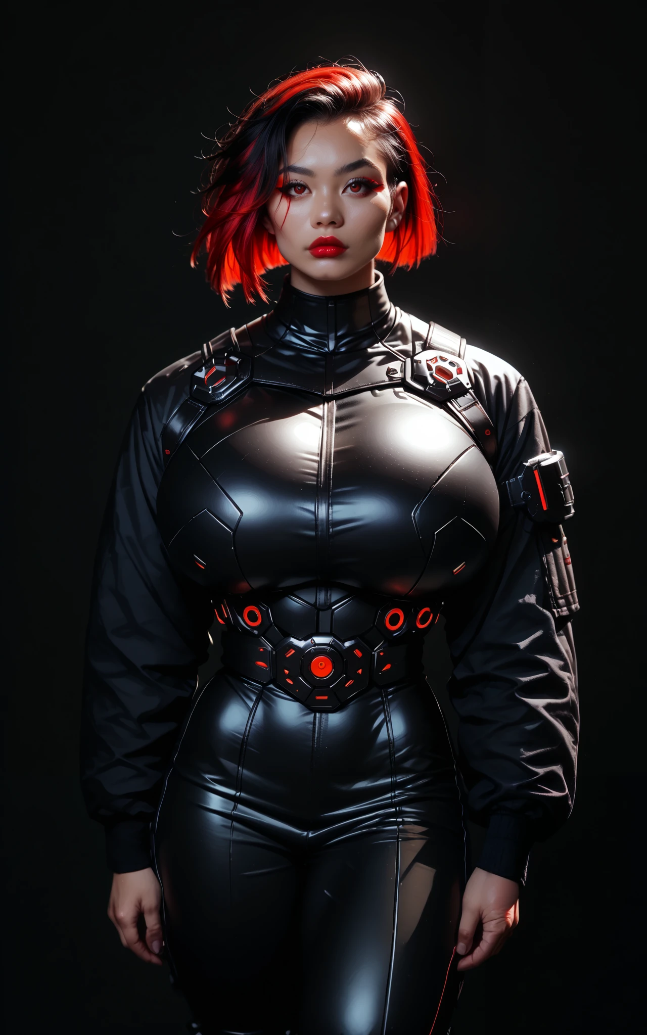 (score_9, score_8_up), score_7_up, zPDXL, Asian, Black tecninja cyberpunk armor with red details, short black hair with red highlights, red eyes, black background, film grain, cowboy shot sinozick style,(gigantic boobs:1.5),