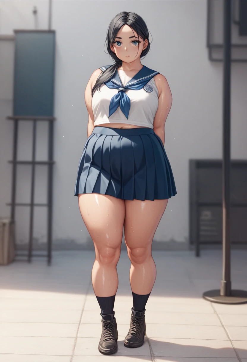 1girl in,front-facing view,Looking Forward,Look at viewers,{{huge tit!!!!}},hi-school girl,anime colours,a smile,a sailor suit,pleatedskirt,gleaming skin,bob cuts,A dark-haired,Akame