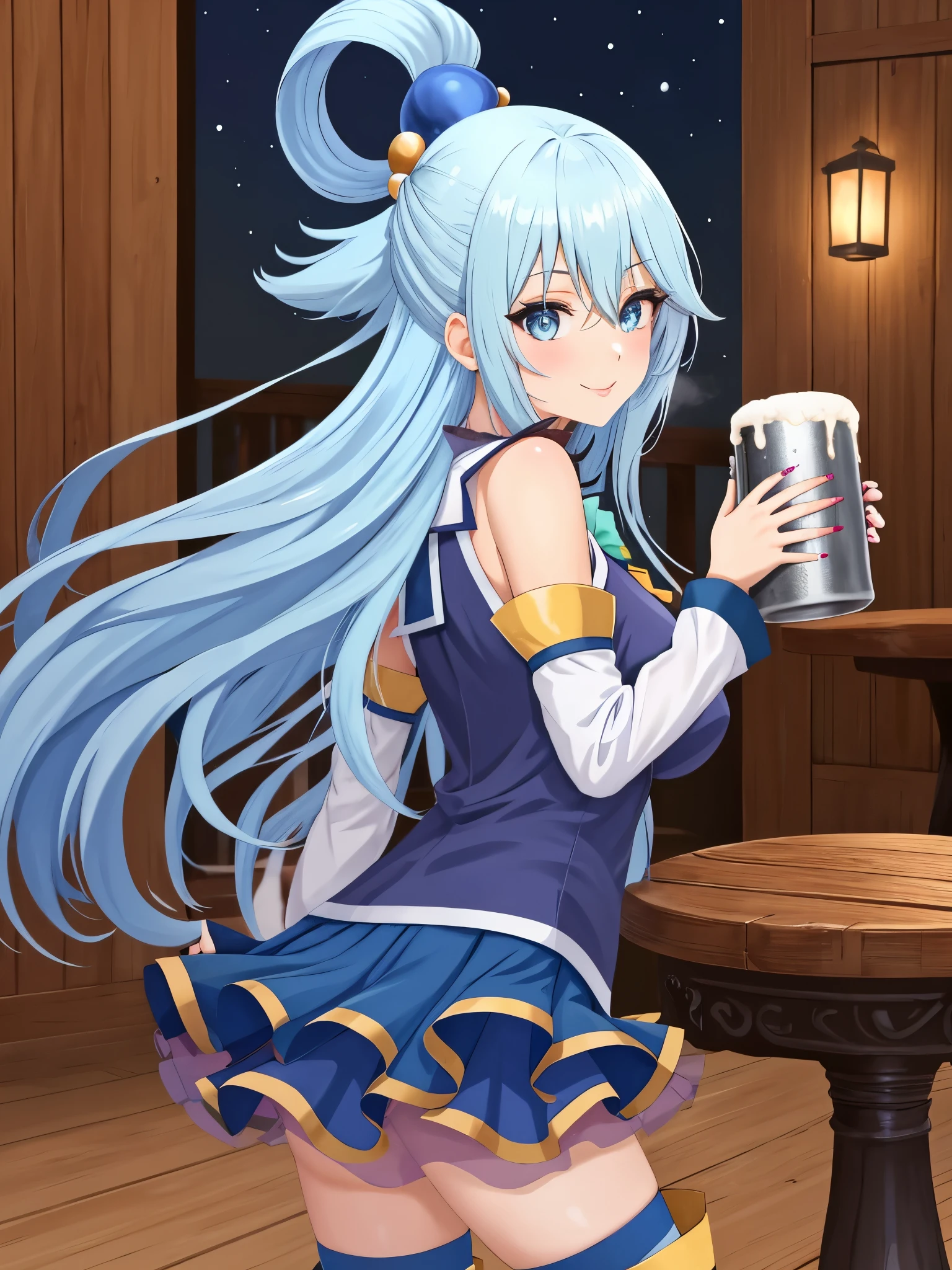 1woman, beautiful woman, solo, photo of slim girl model, cute young woman, (Young), good-looking, from behind, miniskirt, pleated skirt, sleeveless shirt, ahoge, between eyes, makeup, blue eyeshadow, nail polish, pink nails, perfect anatomy, perfect hands, detailed eyes, standing, hand on own face, detailed nails, smile slightly, long eyelashes, beautiful face, detailed eyelashes, anime style, looking at viewer, lips, indoors, night, tabern, beer mugs, wooden tables, torchlight, light blush, very long hair, hair between eyes, sidelocks, blue eyes, high contrast, standing on one leg, blue footwear, crystal eyes, girl, aqua (konosuba), kono subarashii sekai ni shukufuku wo!, blue hair, long hair, hair rings, single hair rings, blue shirt, blue skirt, hair ornament, bare shoulder, green bow, detached sleeves, thighhighs, thigh boots, holding beer mug, large breast, from behind,