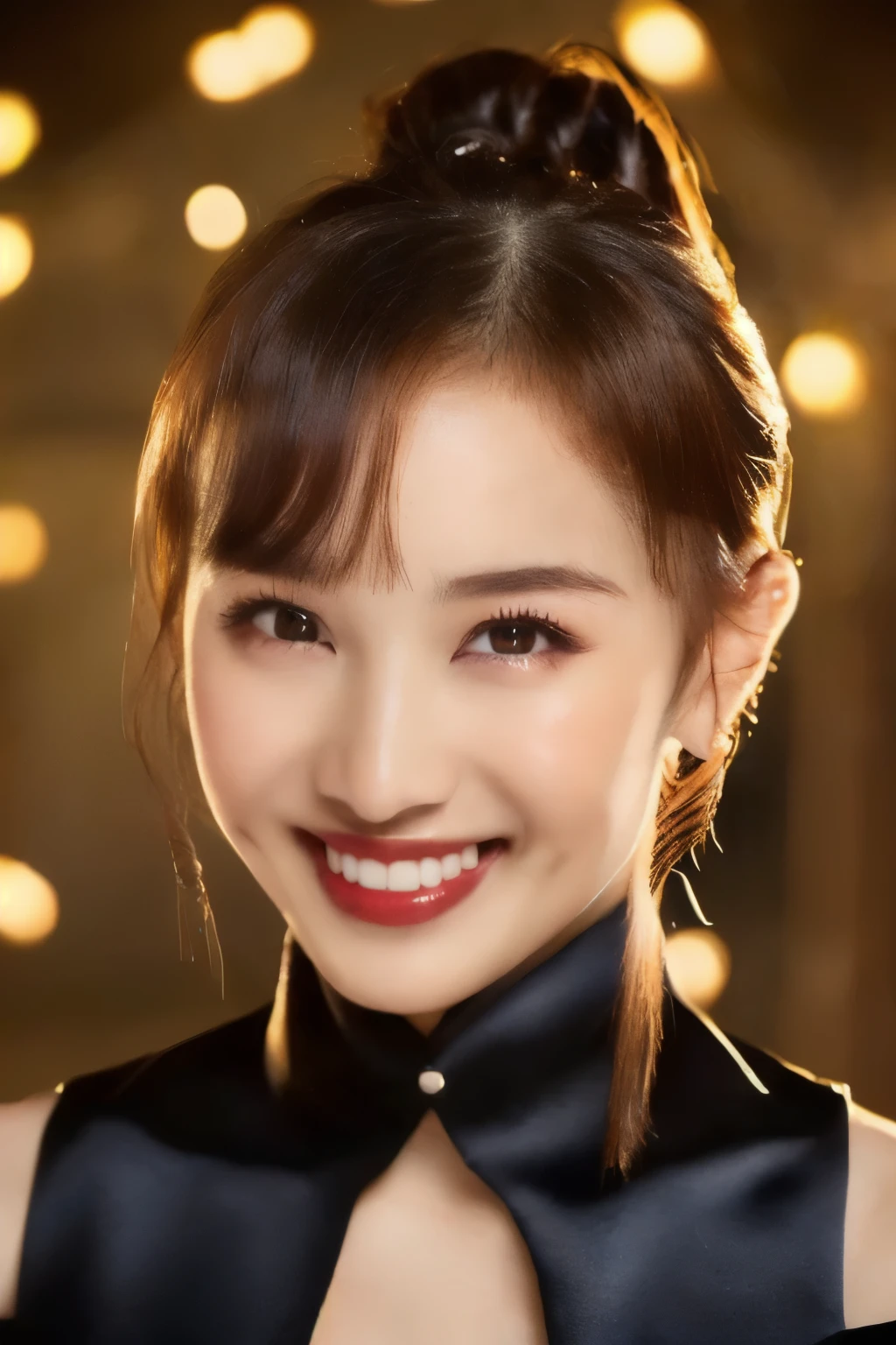 ((red wedding dress)), (masterpiece,  top quality,  The beautiful quality of  ,  photorealistic ,  detailed lighting , Extremely detailed skin,  Extremely Detailed Hair ,8k,  black hair,  upper body,  One Girl , smile,  (((Ponytail))),   Watch Viewers , Dimples, Dimpless on cheeks, fc portrait:1.2),  red choker 、((bangs))、 off shoulder、Accurate Eyes、 in ultra high quality