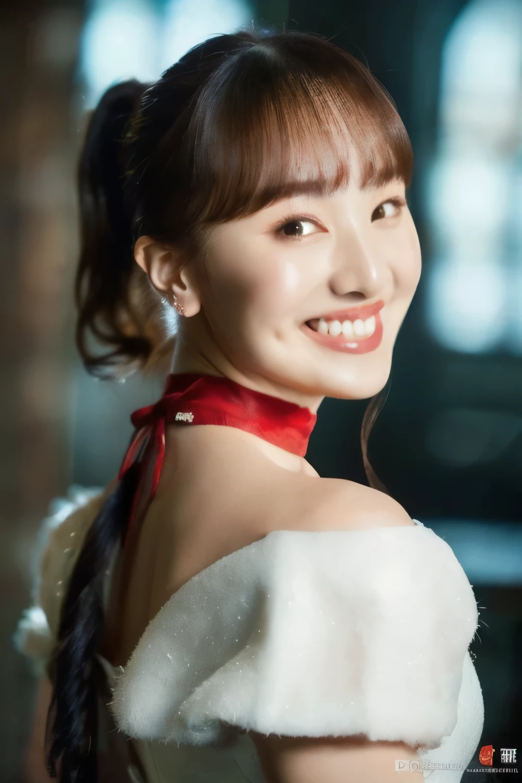 ((red wedding dress)), (masterpiece,  top quality,  The beautiful quality of  ,  photorealistic ,  detailed lighting , Extremely detailed skin,  Extremely Detailed Hair ,8k,  black hair,  upper body,  One Girl , smile,  (((Ponytail))),   Watch Viewers , Dimples, Dimpless on cheeks, fc portrait:1.2),  red choker 、((bangs))、 off shoulder、Accurate Eyes、 in ultra high quality