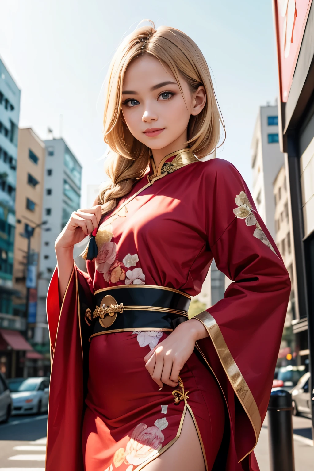 ((Surrealism, retina, masterpiece, accurate, anatomically correct, super detail, best quality, 8k, extremely precise in every detail, beautiful detailed glow, beautiful attention to detail, beautiful detailed eyes)), (a female martial artist is standing in a City Center of Hong Kong), BREAK wearing a long blue Chinese traditional dress decorated with gold floral pattern, (long blonde fish-tail braid hair), pretty face, slanted blue eyes, BREAK slim body, (flat chest like a boy), BREAK (anatomically correct fingers, anatomically correct hands, beautiful detailed fingers), BREAK , smiling