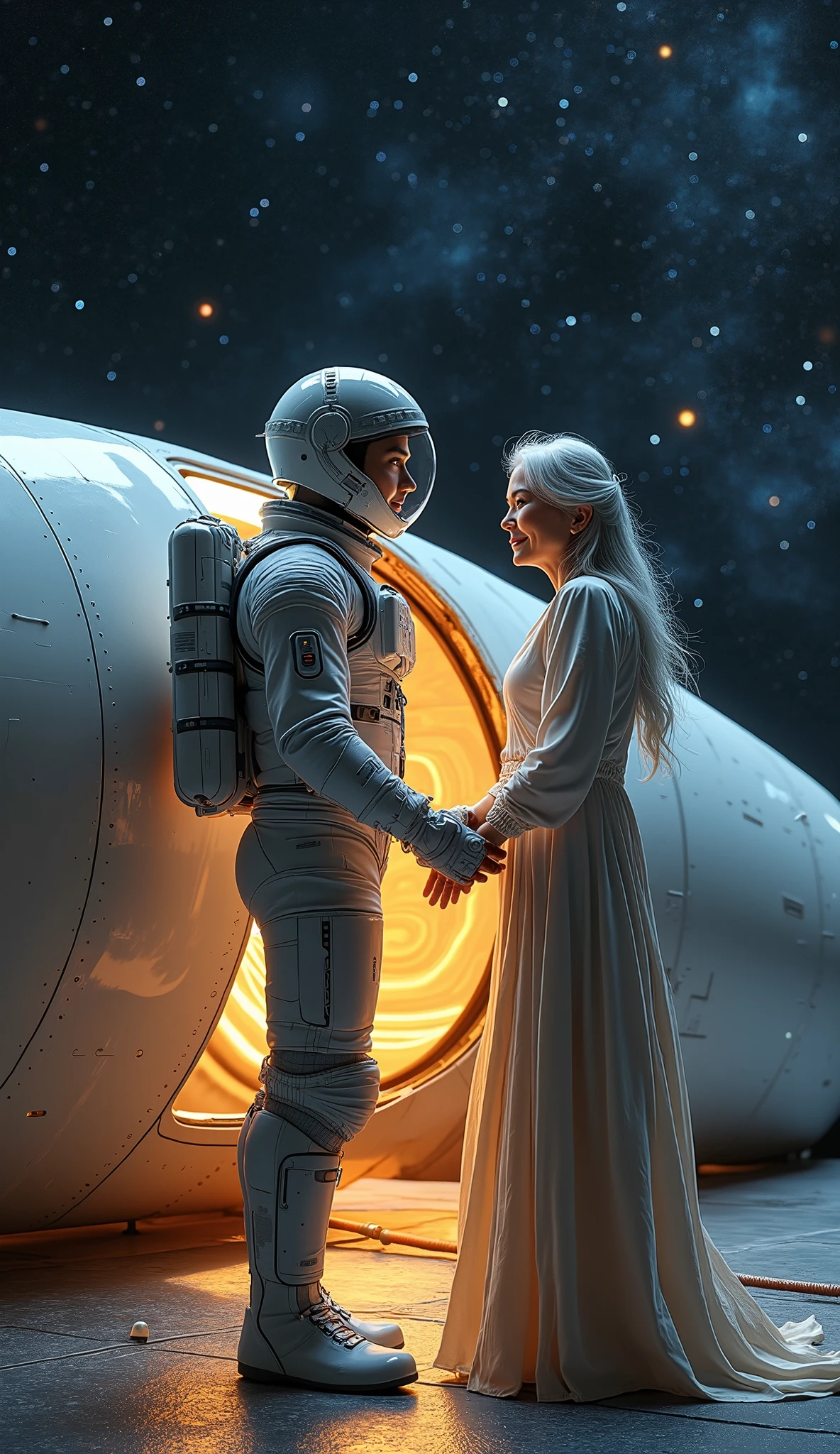In the vast depths of the universe, a sleek spacecraft floats silently, surrounded by a breathtaking tapestry of sparkling stars and deep darkness. The surface of the ship reflects the light from distant galaxies, creating an aura of mystery and solitude.At the center of the scene, a young astronaut wearing a futuristic spacesuit and a transparent helmet slowly opens the spacecraft's hatch. His eyes are filled with anticipation and excitement, as if he is about to step into a fantastical world he has always dreamed of. The details on his spacesuit showcase high-tech elements, such as flowing light patterns and smart sensors.Outside the hatch stands an elderly woman with silvery hair, radiating warmth and tenderness. Her gentle expression is infused with deep longing and love for the astronaut. She wears simple yet elegant attire, and although time has left its marks on her, her inner grace remains captivating. Her hands are softly clasped in front of her, as if she has been waiting for this moment for a long time.The overall atmosphere of the scene conveys a romantic theme that transcends time and death. The eye contact between the astronaut and his beloved is filled with affection and understanding, suggesting that all their waiting and yearning have found their perfect response in this moment. The cosmic backdrop enhances the grandeur and eternity of their love.Soft and warm color tones are used to paint the entire scene, creating a cozy and dreamlike ambiance. Light spills from the interior of the spacecraft and the surrounding starlit sky, casting beautiful halos around the astronaut and his beloved. Subtle starry effects add vibrancy and poetic charm to the composition.
For the composition, you can use either a symmetrical or asymmetrical balance to arrange the positions of the astronaut and his beloved, highlighting their close connection while also showcasing the vastness and depth of space. The layout of elements like the spacecraft and starry sky enhances t