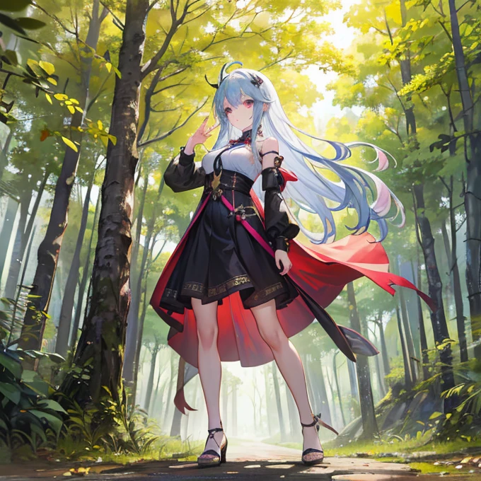 silver hair, big breast, magical girl, full body , walking, alone, 1character, forest
