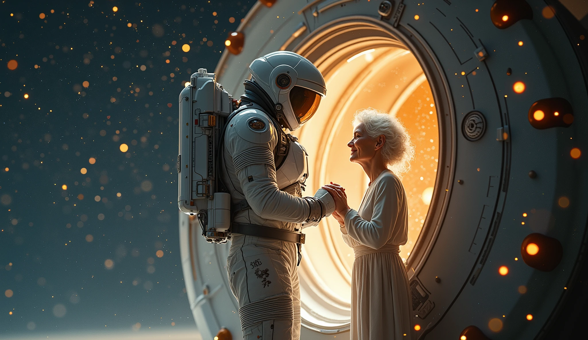 In the vast depths of the universe, a sleek spacecraft floats silently, surrounded by a breathtaking tapestry of sparkling stars and deep darkness. The surface of the ship reflects the light from distant galaxies, creating an aura of mystery and solitude.At the center of the scene, a young astronaut wearing a futuristic spacesuit and a transparent helmet slowly opens the spacecraft's hatch. His eyes are filled with anticipation and excitement, as if he is about to step into a fantastical world he has always dreamed of. The details on his spacesuit showcase high-tech elements, such as flowing light patterns and smart sensors.Outside the hatch stands an elderly woman with silvery hair, radiating warmth and tenderness. Her gentle expression is infused with deep longing and love for the astronaut. She wears simple yet elegant attire, and although time has left its marks on her, her inner grace remains captivating. Her hands are softly clasped in front of her, as if she has been waiting for this moment for a long time.The overall atmosphere of the scene conveys a romantic theme that transcends time and death. The eye contact between the astronaut and his beloved is filled with affection and understanding, suggesting that all their waiting and yearning have found their perfect response in this moment. The cosmic backdrop enhances the grandeur and eternity of their love.Soft and warm color tones are used to paint the entire scene, creating a cozy and dreamlike ambiance. Light spills from the interior of the spacecraft and the surrounding starlit sky, casting beautiful halos around the astronaut and his beloved. Subtle starry effects add vibrancy and poetic charm to the composition.
For the composition, you can use either a symmetrical or asymmetrical balance to arrange the positions of the astronaut and his beloved, highlighting their close connection while also showcasing the vastness and depth of space. The layout of elements like the spacecraft and starry sky enhances t