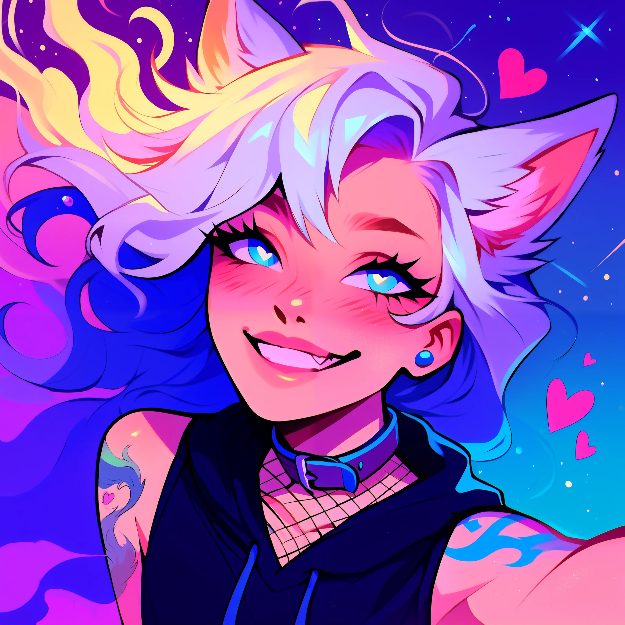 score_9, score_8_up, score_7_up, score_6_up, score_5_up, score_4_up, did vaporwave style, a male femboy with very long wavy white hair with blue highlights, has big fluffy wolf ears, has a wolf tail, wearing a thick brown collar with a heart hanging from it, wearing a sleeveless cropped black hoodie with something cute on it, wearing denim short shorts, has blushy cheeks, has blue lipstick on, has tattoos, wearing fishnet stockings, smiling, showing wolf canine teeth, glowing blue eyes, bubbles, floating hearts, shown from the waist up, showing upper body, showing arm tattoos, taking selfie, full body, UV Lights, tongue out