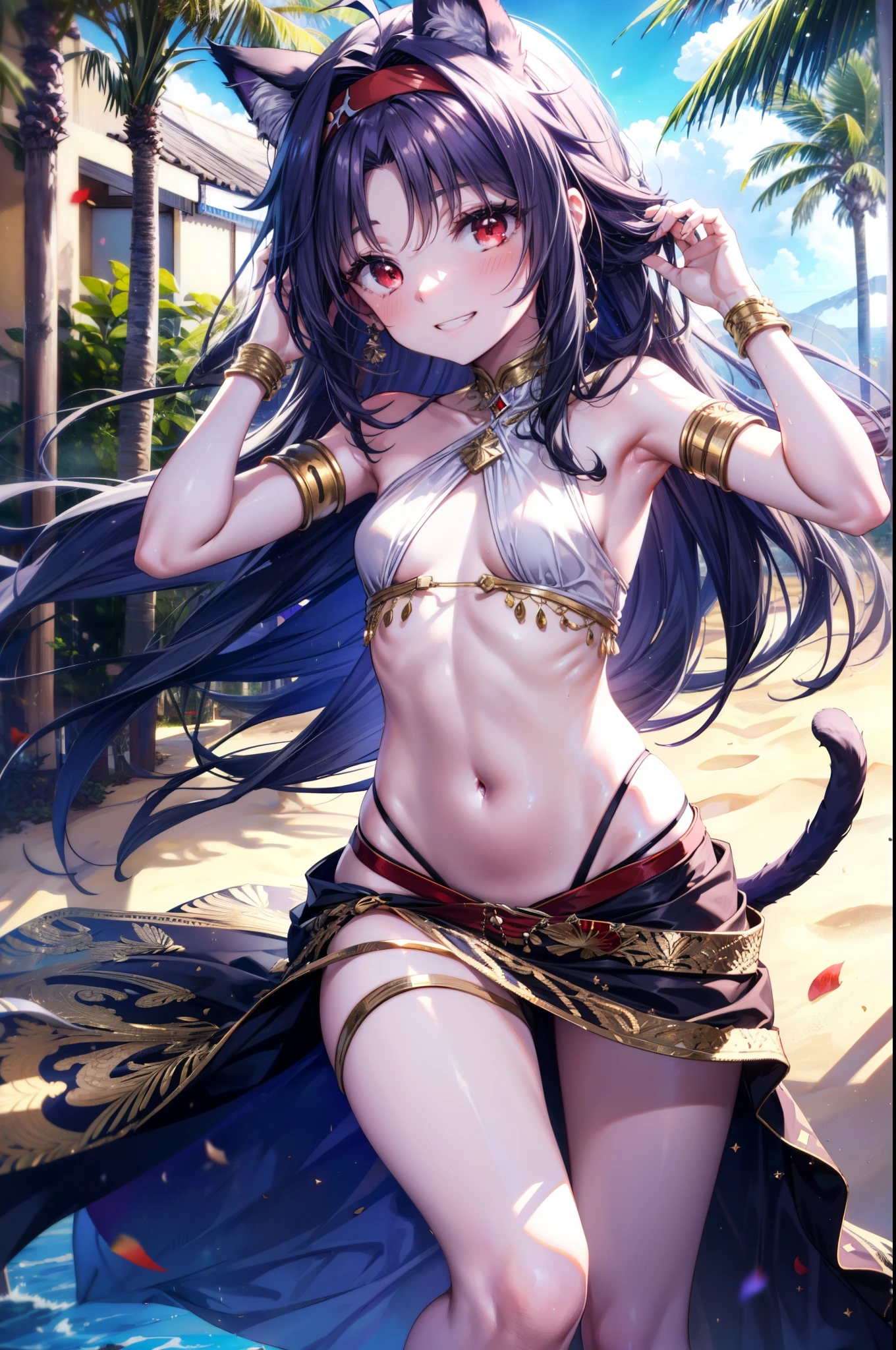yuukikonno, Konno Yuuki,  Hair Band ,  long hair, Cat ears,Cat tail,  purple hair, ( Red Eyes:1.5), ( small breasts:1.2),smile,blush, grin , Arabian costume,  dancer, belly Dancing,  armlet, Bare legs, palm tree , sand,Dancing,noon,whole bodyがイラストに入るように,
break looking at viewer,whole body,
break outdoors, sand漠,oasis,
break (masterpiece:1.2),  best quality,  high resolution, unity 8k wallpaper, (figure:0.8), ( Beautiful, detailed eyes :1.6),   very detailed face ,  PERFECT LIGHTING ,   highly detailed CG, (perfect hand,  perfect anatomy),