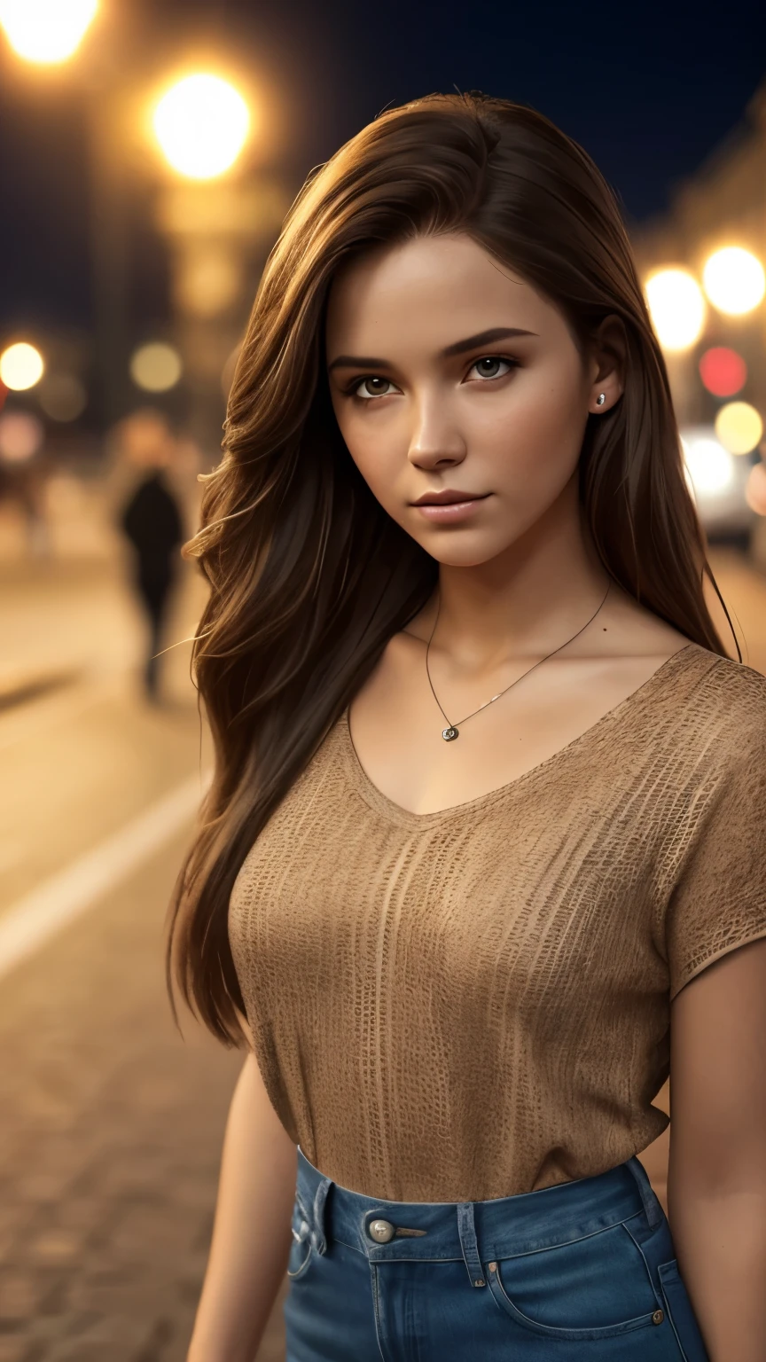 8k, best quality, masterpiece, ultra high resolution, (realism: 1.4), original photo, (Realistic skin texture: 1.3), (film grain: 1.3), a young woman, long brown hair, beautiful facial details, in casual clothes, on the streets of St Petersburg at night, cinematic