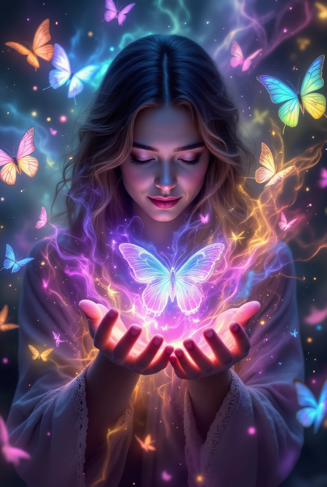 In the hands of a beautiful heart, exuding a small haze of mysticism and beautiful colors of magic, butterflies with neon wings fly very beautifully , masterpiece, 8 k, Best quality, complicated details, Lots of Details , perfect synergy , excellent image , wallpaper,