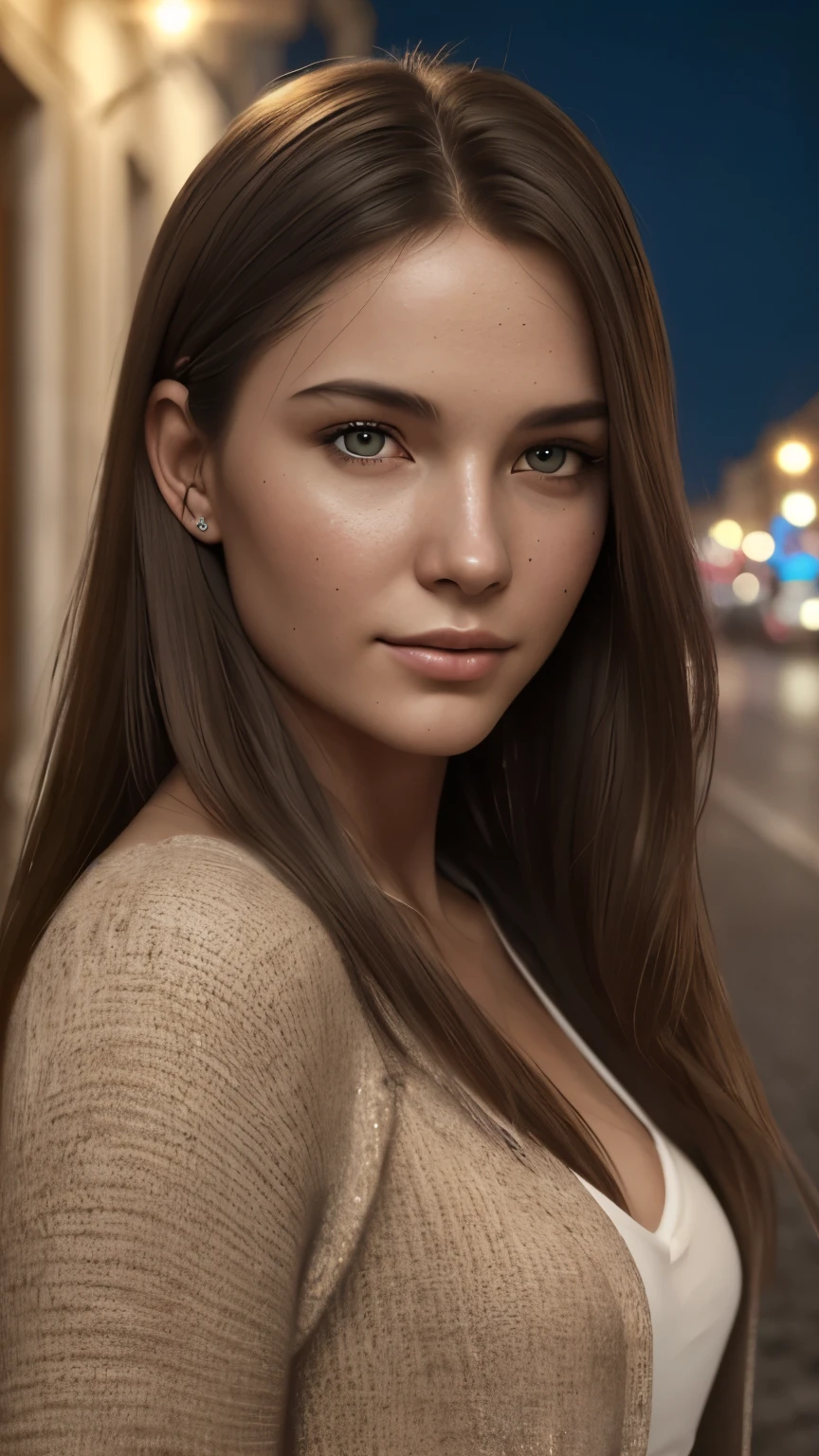 8k, best quality, masterpiece, ultra high resolution, (realism: 1.4), original photo, (Realistic skin texture: 1.3), (film grain: 1.3), a young woman, long brown hair, beautiful facial details, in casual clothes, on the streets of St Petersburg at night, cinematic