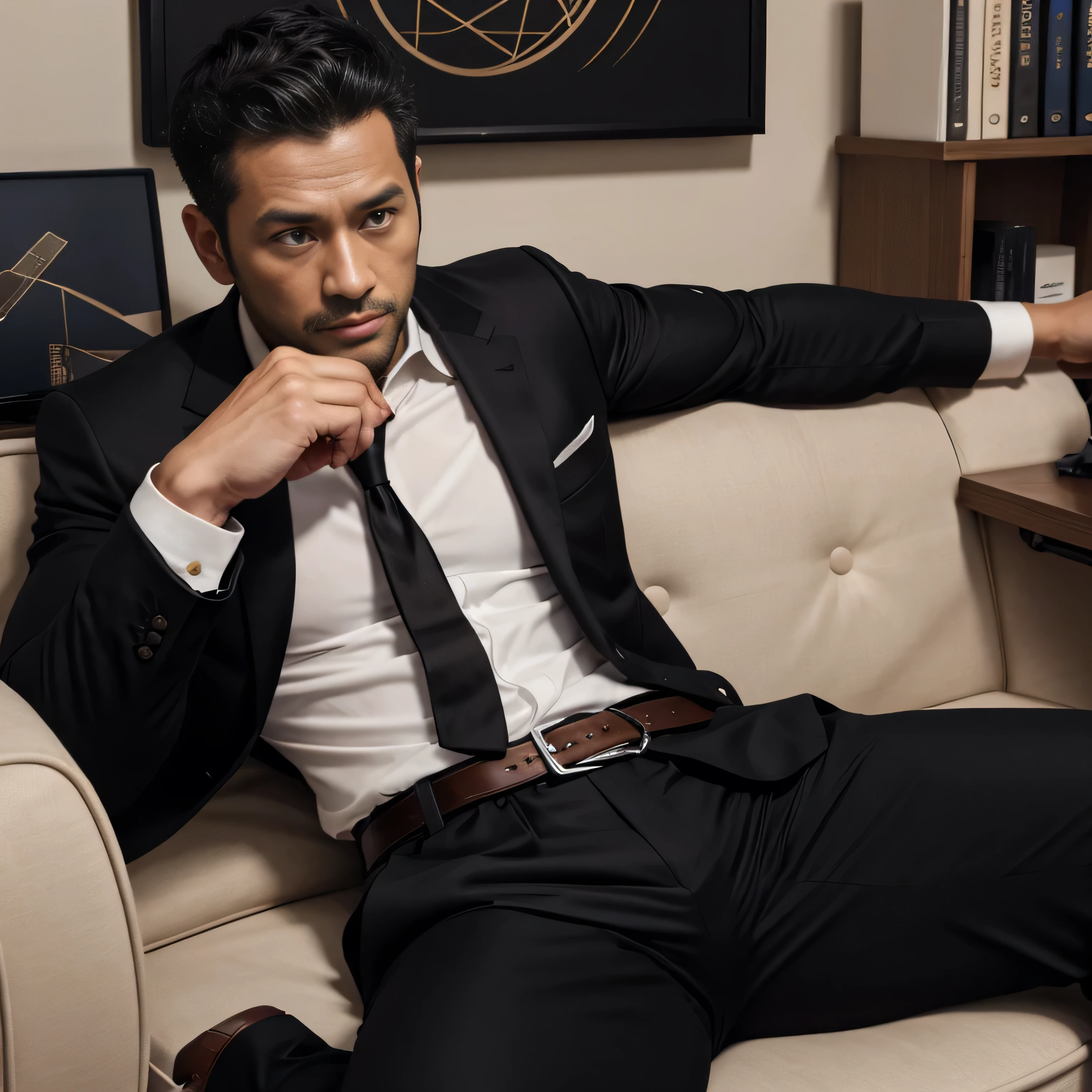 40 years old、handsome guy , One Man,、 muscularity、Makino Tomoaki 。  black suit、black tie、黒スリムパンツ、 、Short Hair、office、 sit on the sofa、  black suit、black tie、黒スリムパンツ、 、 upper body up　geff Bridges,　Front 　Menacing look　 Hermès black belt 