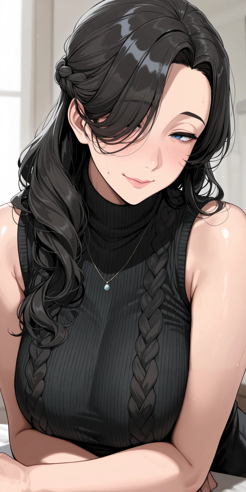 1girl, solo, mature female, housewife, hot dark black hair, long hair, slight wavy hair, half updo braid, hair over eyes, thin eyes open, blue eyes, black turtleneck knit sweater, sleeveless, milf, soft light, high detailed, best quality, upper body