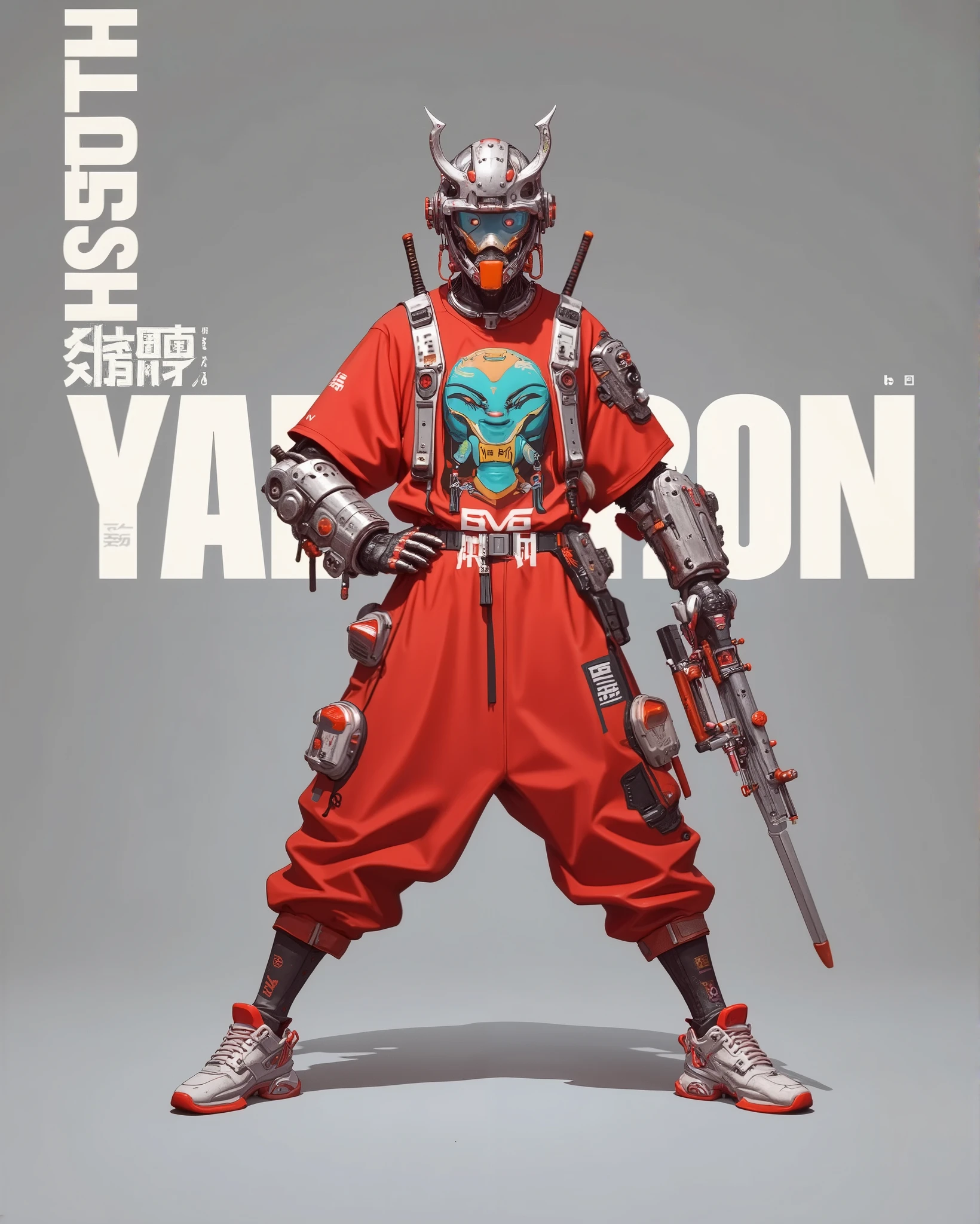 Create a detailed and stylized concept art of a futuristic samurai-inspired character. The character should wear a modern streetwear outfit in vibrant red tones, blending traditional samurai armor elements (such as a kabuto helmet and arm guards) with casual urban fashion, like baggy pants, a graphic t-shirt, and sneakers. Incorporate intricate patterns, metallic textures, and a slightly worn or battle-hardened appearance. The character should hold a futuristic weapon, such as a high-tech katana or a sci-fi rifle, designed with red accents. The background should be minimal, emphasizing the character with soft, studio-like lighting and subtle shadows. The overall aesthetic should fuse cyberpunk and traditional Japanese samurai styles with modern street culture.
