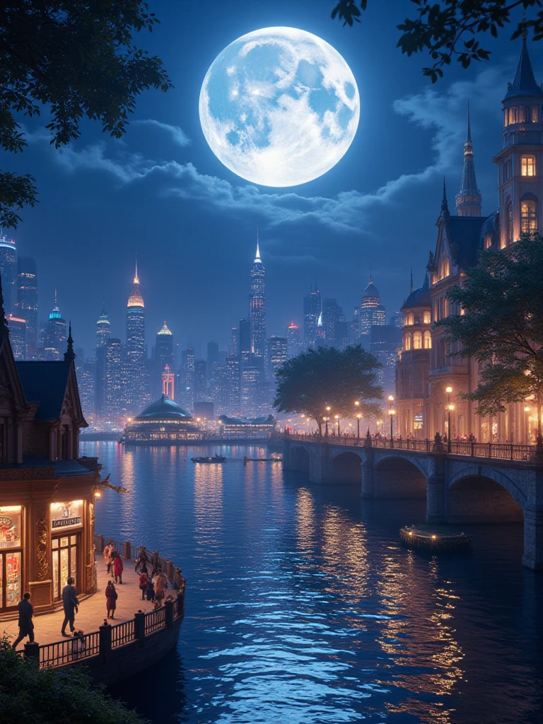 Illuminated tourist city on a full moon night