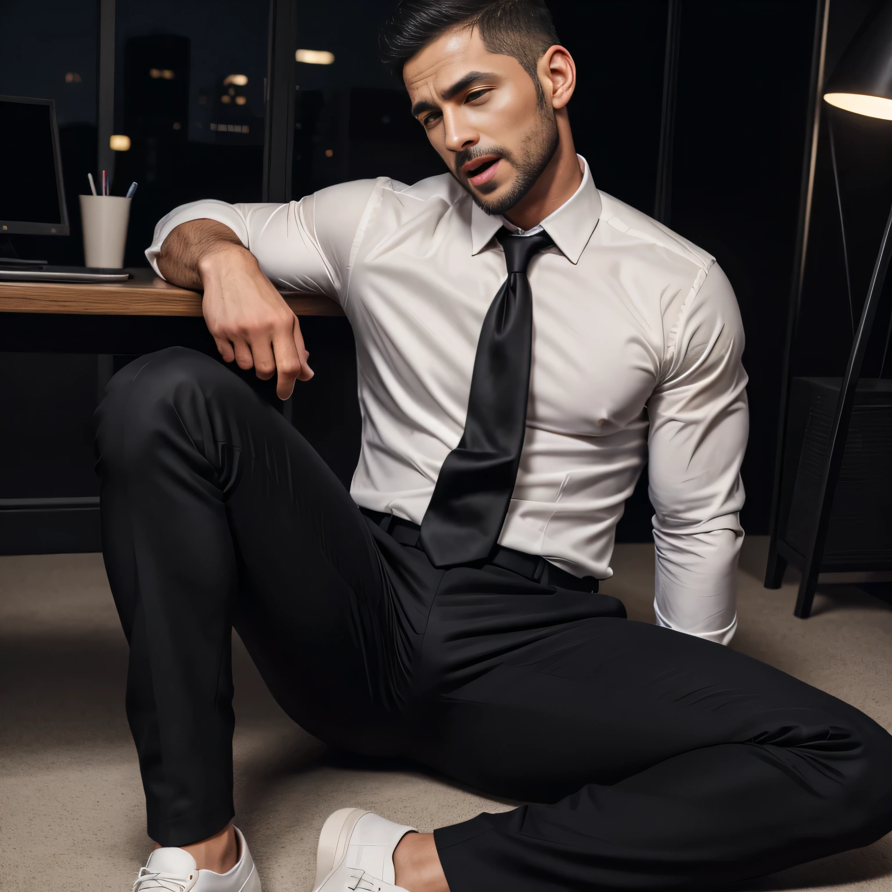 33 year old handsome , One Man,、 muscularity、Israeli 。 black suit ,black tie、 black slim pants 、 shorthair 、 office、 open leg 。 Sitting on the ground 、 black suit、black tie、 black slim pants 、 Lift your upper body 、Focus on facial expressions Israeli I'm screaming with my mouth wide open Painful and painful face