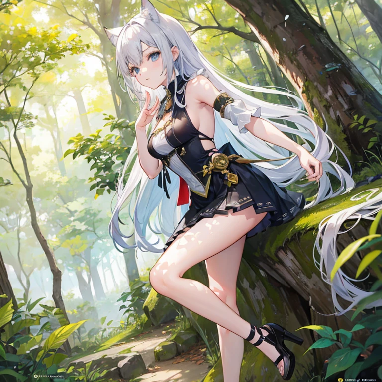 ((Masterpiece)), (Best Quality), Solo, miosha1, hair ornament, ponytail, wolf tail, swimsuit, white shorts, thigh strap, black jacket, leaf print, collar, string bikini, (NSFW:1.2)