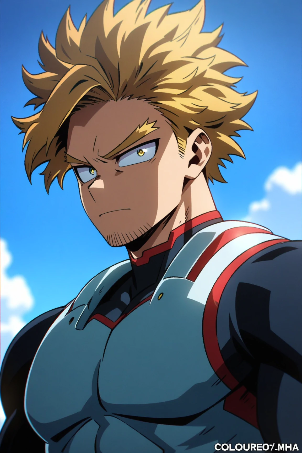 best quality, high resolution, manga, line, allmight, black bodysuit, hunk, wet clothes, from below, open legs, arms folded,