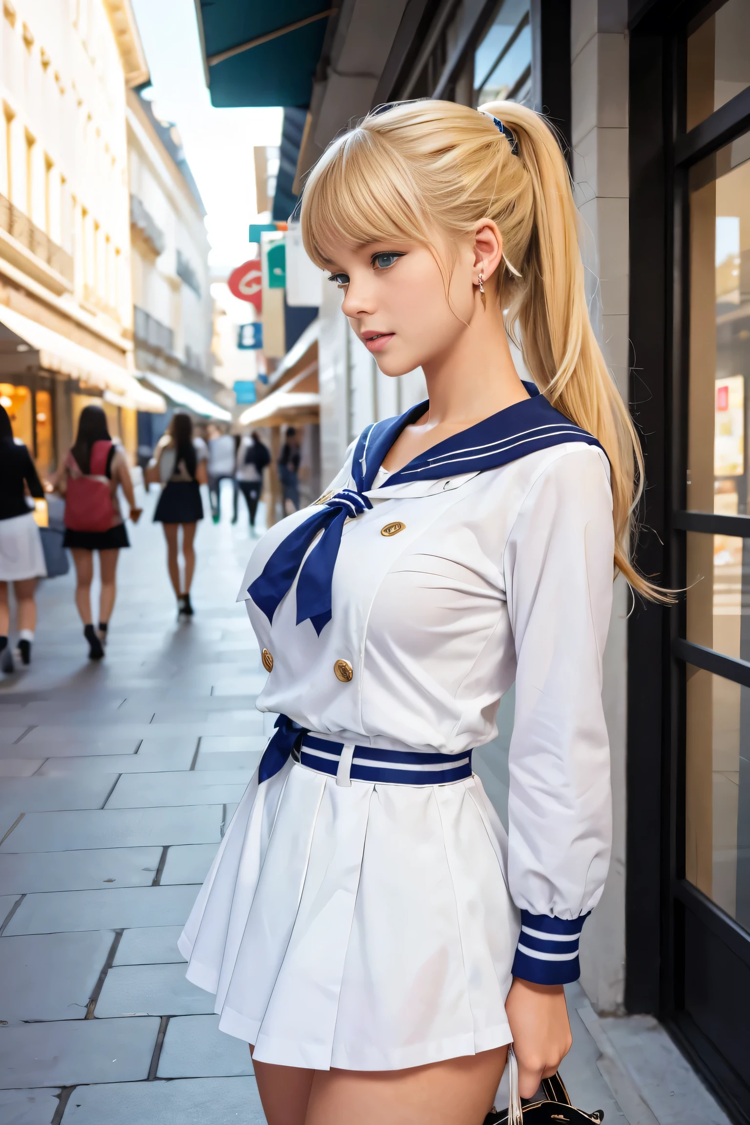masuter piece, best qualtiy, ((Real Model Shots)), 8K picture quality, ((1 persons)), extremely delicate and beautiful, magnifica, Official art with attention to detail, (Cute girl at 18 years old), (Petite and pretty girl), (Nordic beauty), ((Perfect female figure)), large full breasts, Slim waist, big butts, Blonde hair, (((Anna Miller's Uniform))), Whole cakes, atelier, Cake shop, ssmile,