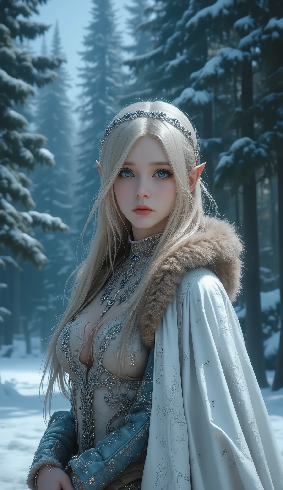 I want to be a powerful person in the shadows！,alpha,Beautiful white blonde hair,A beautiful Blue eyes,Elven ears,Beautiful white skin,Gothic dresses,Photorealsitic,An ultra-high picture quality,hightquality,​masterpiece,Digital SLR,Detailed details,Intricate details,Based on anatomical grounds,Depicted in detail,Detailed face,realistic skin textures,Vivid details,perfect anatomia,perfect anatomia,Anatomically correct hand,Anatomically correct fingers,Super Detail,Complex 3D Rendering,Colossal tits,sexy  pose,White gold sequin dress studded with silver,white gold rose hat,white fur coat,Gift Ribbon,Put it in a nice photo frame and display it,Bright red nails and a beautiful sunset,clear cold sky,Fantastic sunset,beautiful christmas scenery,mysterious snow scene,It's snowing,beautiful ilumination,Christmas tree,Picturesque beauty,Photograph the whole body,9 head body,Pink lip,Luxurious necklace,emphasize the beautiful whole body,Beautiful nails,Black bondage,Beautiful burning rose,High-leg T-back,