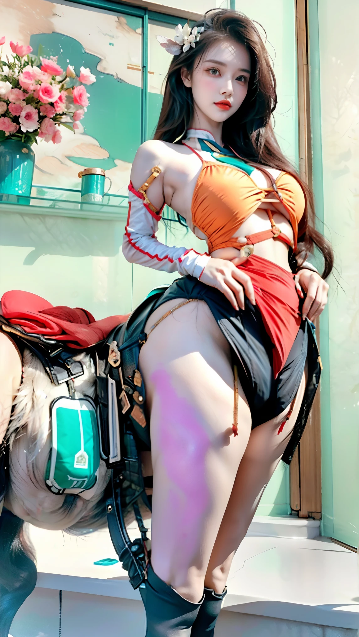 highest quality,masterpiece,UHD, Super detailed, 8K,((twin tails、brown hair 、 Moena、1 girl、blush、Sweat、((Helmet))、((visor\(armor\):1.3))、big breasts:1.3,shiny skin:1.5、heart color、corset、topless、elbow gloves、garter strap、thigh boots、tattoo、Pussy)))、((dark cave、dark prison、dark prison、dark dungeon)),(Beautiful woman、narrow eyes),一人のBeautiful woman,((crucifixion)),(cross),I was scared,torture,slave,((crossにcrucifixionにされた女性:1.5)),crucifixion刑、monster、monsterに捕まった