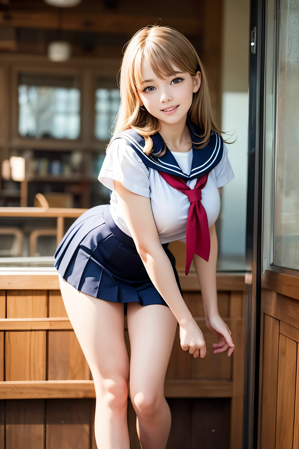 (Realistic, Photorealistic:1.4), Beautiful illustration, view the viewer, full body , Front view, 1 (girl:li:1.2), 12( long hair:0.3), blond hair, Bangs, hair between eye, (Big breasts:0.9), Beautiful hair, Beautiful Baby-f Beaul detailed eyes, Beautiful collarbone, Beautiful body, beautiful (Big Breast:0.9), beautiful boob, beautiful thigh, Beautiful legs, Beautiful fingers, (Beautiful scenery), Garden, ((school Sailor Uniform, bare legs, white pin high heels)), (standing on glass, Smiling to Viewer ),