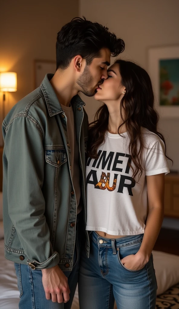 crete real image where A 24 year old boy wears black dress and a 23 year old girl wears white T-shirt and shorts. Lovely is written on the girl's t-shirt and Rupesh is written on the boys t-shirt. Girl sleeping in bedroom and boy kiss girl boobs and touch girl navel