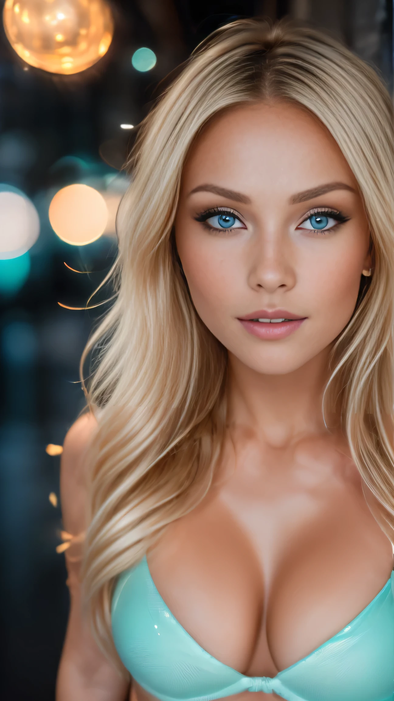 A fantasy-inspired image of a woman reclining on the bed, surrounded by magical, softly blurred bokeh lights. She has voluminous blonde hair, bright blue eyes, and a flirty smile. Wearing exotic lingerie, the scene is vibrant and hyper-realistic.