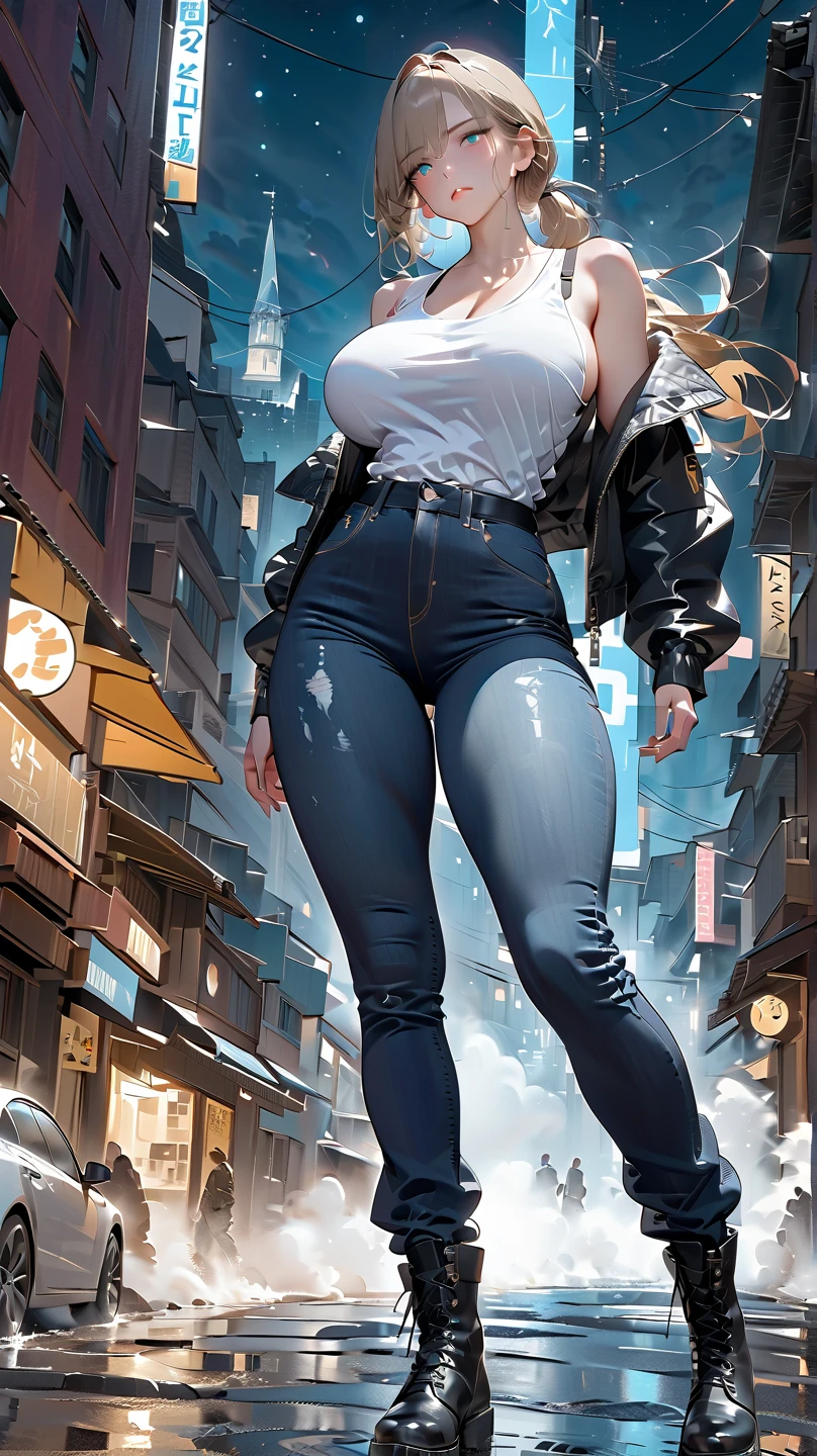 Top-quality,Masterpiece,Best quality,Ultra detailed,High resolution,8k,Super fine illustration,Detailed lighting,Detile background,Cowboy shot,Dutch angle,Denoise,
Cinematic,Dynamic angle,Full body,
Impasto,Prism style,Broken world,Broken glass effect,Broken glass background,
1girl,Solo,(15 years old:1.3),
(Hood up),(Black raincoat:1.5),(Large hood),(White shirt:1.3),(Jeans:1.3),(Sneakers:1.3),
(Blue eyes),(Glass eyes),(Gauze on face:1.3),
(Gray hair:1.3),(Medium hair),(Sideburns),(Long sideburns:1.5),(Hair over one eye),
(Flat breasts),Beautiful ass,Belly,Thick thighs,Wide hips,Skinny waist,Navel,Curvy,
(Glass),Light blue theme,Backlight,Warm tones,Tranquil
