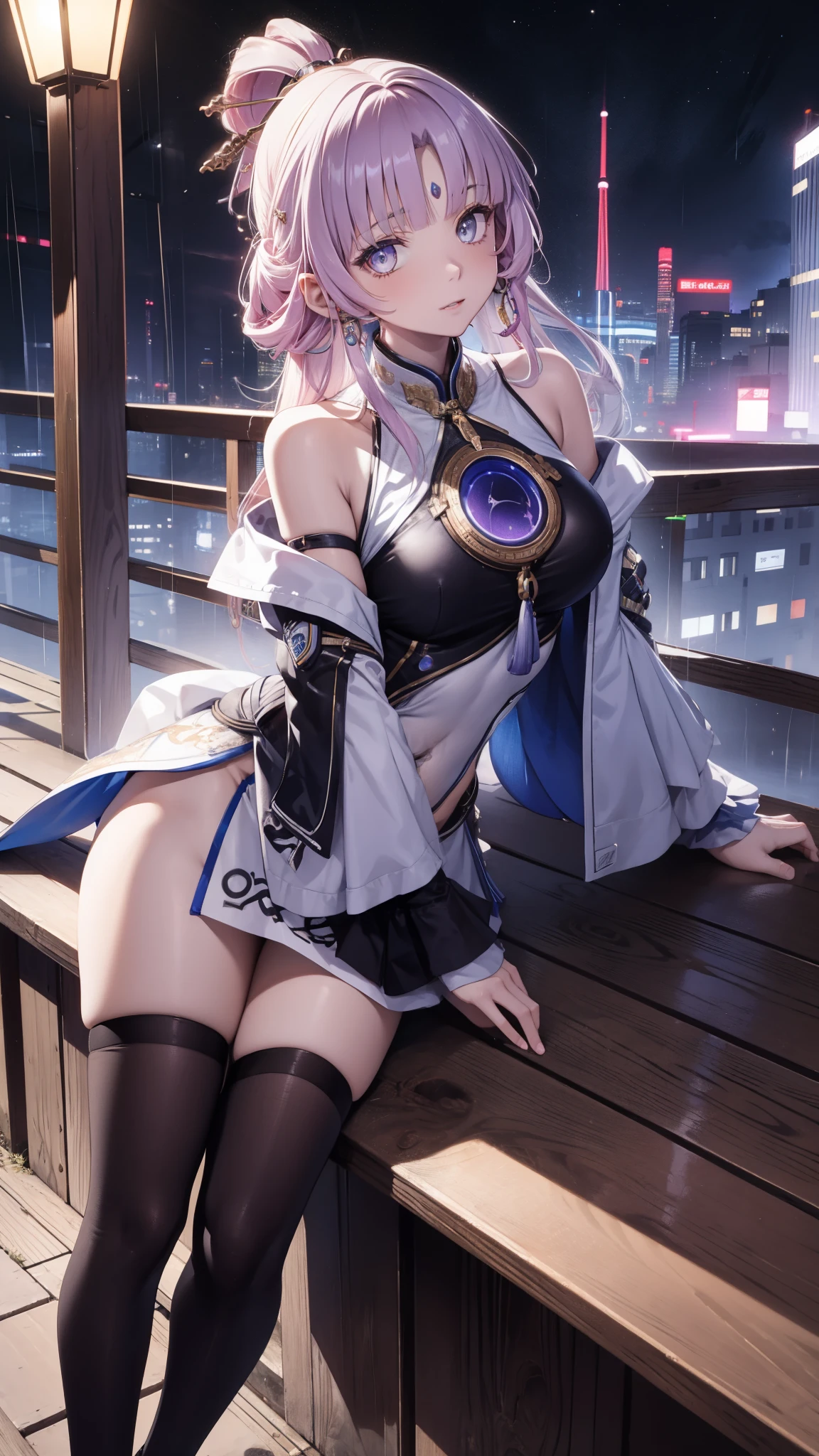 portrait,  1 girl,  pretty face ,  asymmetrical hair, Colorful hair, sash,  Bodysuit , Cover your mouth,  cover navel ,  separated sleeve ,  grey eyes ,  hip vent , Slit Jacket,  charming,  watching the audience, Night City, neon, rain,