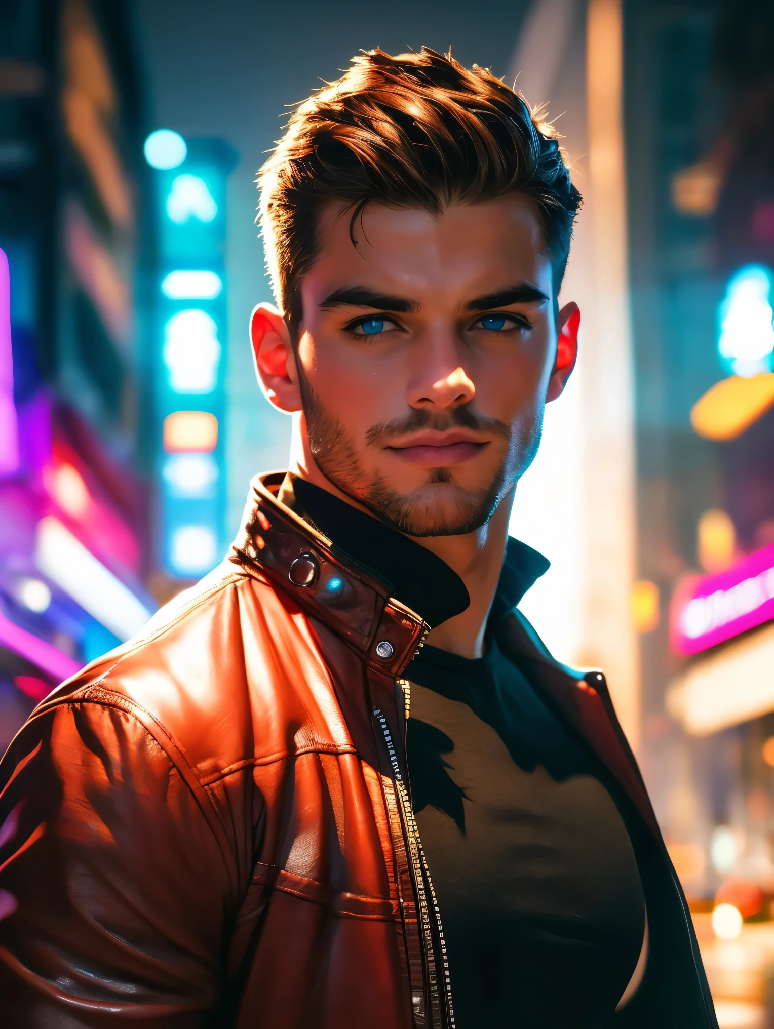 realistic, masterpiece, best quality, cinematic, dynamic lighting, soft shadow, highest detail, professional photography, detailed background, depth of field, insane details, intricate, aesthetic, detailed face, subsurface scattering, realistic hair, realistic eyes, 1boy, muscular, Portrait photo of a handsome man in a red leather motorcycle jacket, black t-shirt, jeans, black slicked back hair, blue eyes, (neon lights), sharp focus, futuristic city street, soft lighting, vibrant colors, looking at viewer, smirk, facing camera, vibrant colors,
