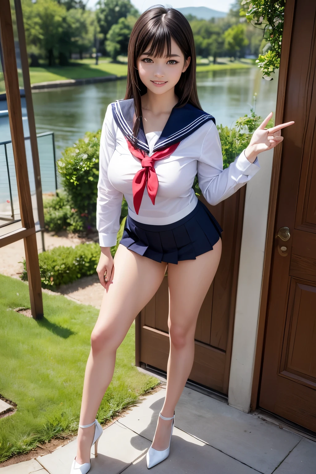 (very long hair:1.3),(big smile:1.3),(happy smile:1.3),(sexy panties:1.3),(white panties:1.2),(realistic silk panties:1.3),(double eyelids:1.3),(long eyelashes:1.3),Japanese school uniform,(Looking directly at Viewer:1.3),32K, masterpiece, Raw photo, Best Quality, Photorealistic, Highly detailed CG Unity 32K wallpaper,(Extremely beautiful face, Beautiful lips, Beautiful eyes, beautiful teeth), detailed teeth, intricate detailed face, ((Ultra detailed skin)) 1girl in, Cutest Pretty Japanese girl, Super idol, 1 girl,(Happy smile), Clear eyes, (pale skin), (Big eyes:1.2), (Brown hairs), thick thighs, ,balanced elegant face, drooping eyes