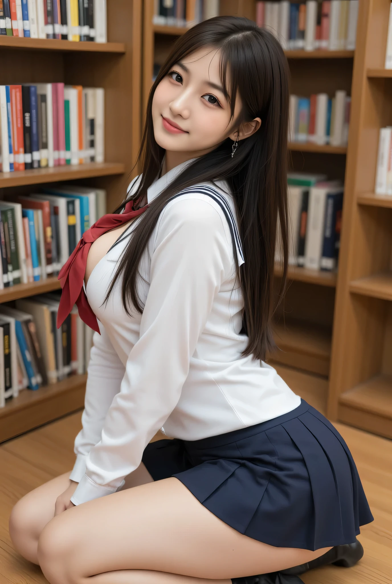  japanese cute idol, Japanese cute girl, kawaii, a pretty woman is posing in library at the school , hair a bit messy, 1girl, solo, realistic, smile, school uniform, long hair, black hair, nsfw,masterpiece, best quality, hyper detailed, insanely detailed, 16k, japanese,cute, kawaii, photorealistic, Realism, raw photo, real person,a girl on her knees with her body in the air , 1girl, bookshelf, solo, black hair, long hair, breasts, realistic, mole, book
