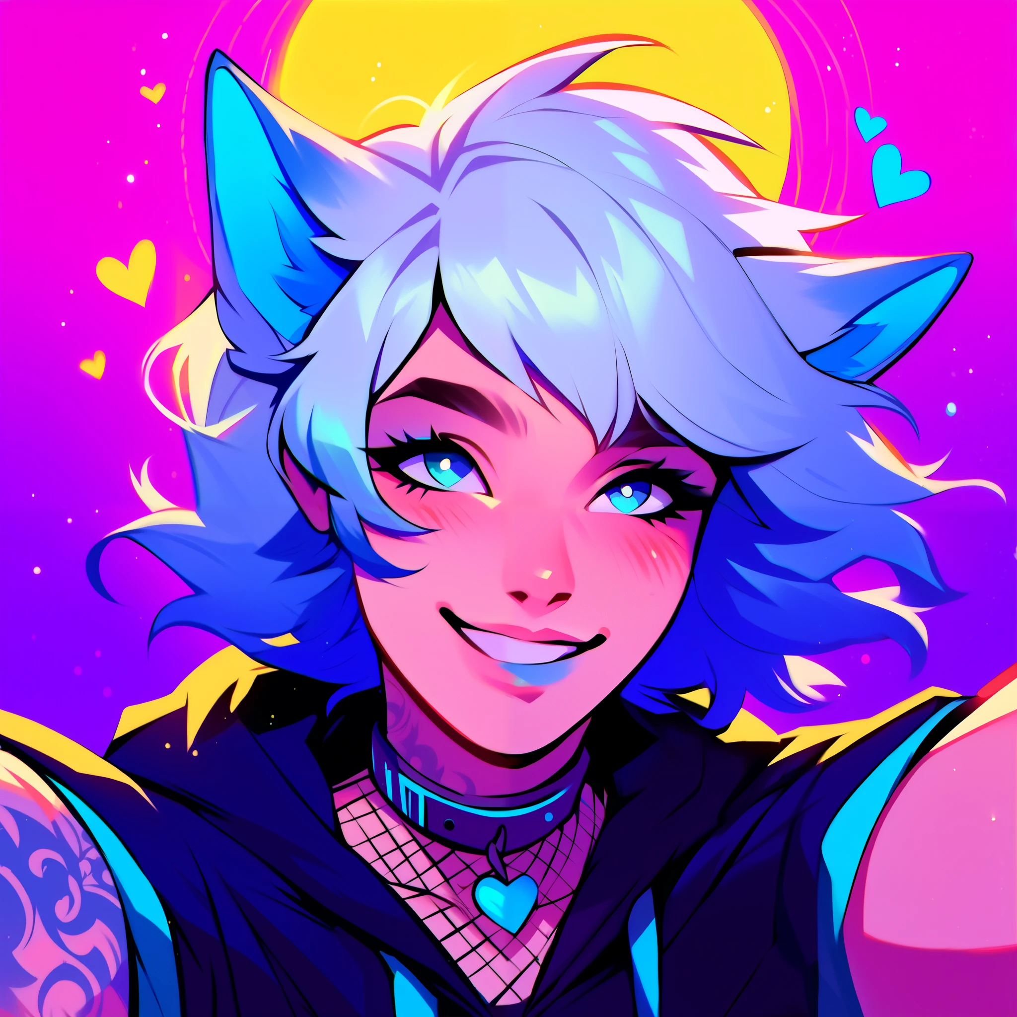 score_9, score_8_up, score_7_up, score_6_up, score_5_up, score_4_up, did vaporwave style, a male femboy with very long wavy white hair with blue highlights, has big fluffy wolf ears, has a wolf tail, wearing a thick brown collar with a heart hanging from it, wearing a sleeveless cropped black hoodie with something cute on it, wearing denim short shorts, has blushy cheeks, has blue lipstick on, has tattoos, wearing fishnet stockings, smiling, showing wolf canine teeth, glowing blue eyes, bubbles, floating hearts, shown from the waist up, showing upper body, showing arm tattoos, taking selfie, full body, UV Lights, tongue out