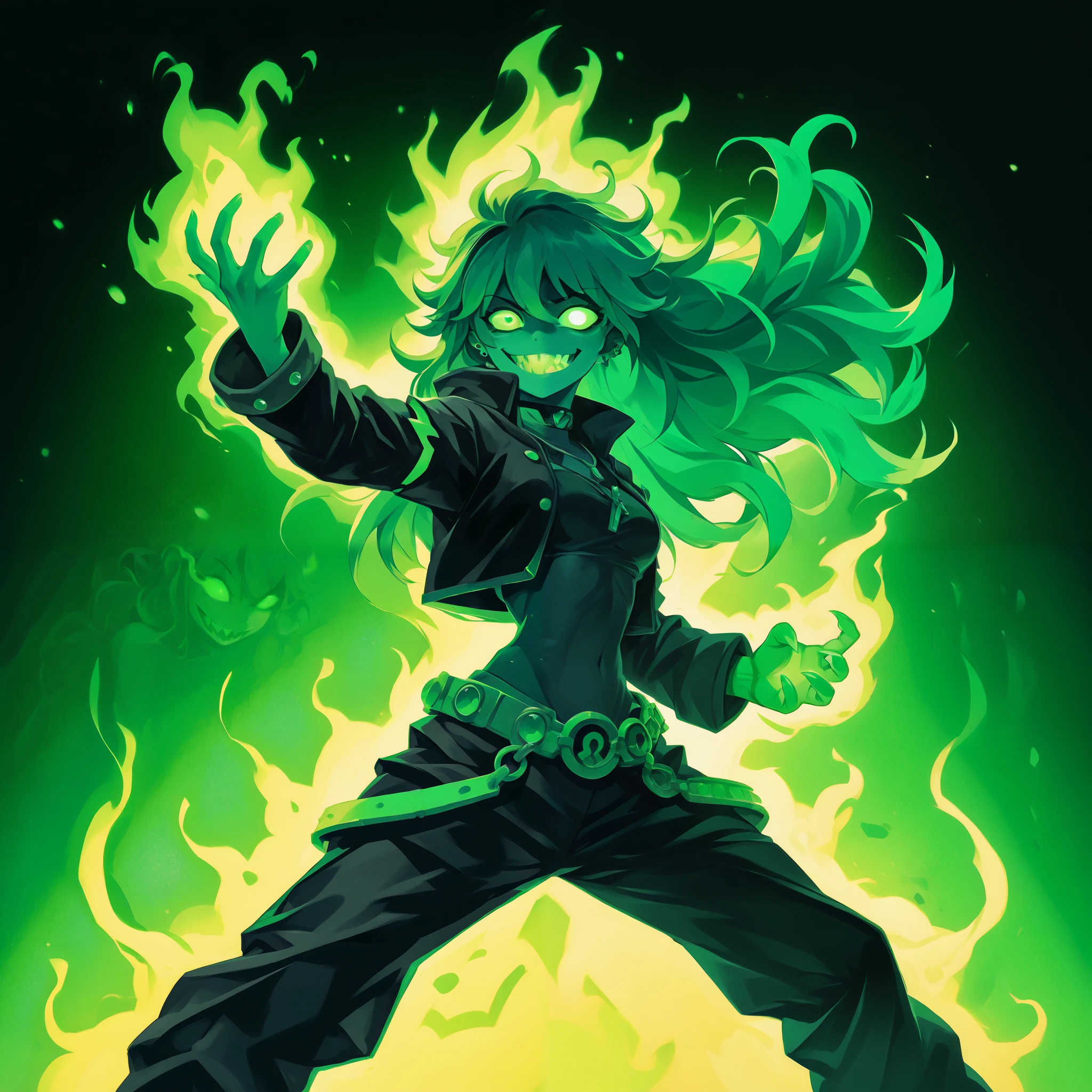 (ultradetalhado), (obra-prima), (melhor qualidade), (profundidade de campo), (foco nítido), (iluminação cinematográfica), (neon green palette), 1girl , (single character), crazy smile, presas, com a língua de fora, olhos brilhantes, estilo gótico, sexy clothing, long hair, maquiagem escura, tatuagens neon, piercings de prata, psicótico, psycho, A dark lighted anime female with green glowing eyes, deep eyes, neon green hair and a lot of green energy, flames)), sharp teeth, battle pose, (((green gradient background:1.4))), energy, energetic, Phonk, Brazilian Phonk, Simple Design, Simplified --s 100 --niji 5 --ar 1:1