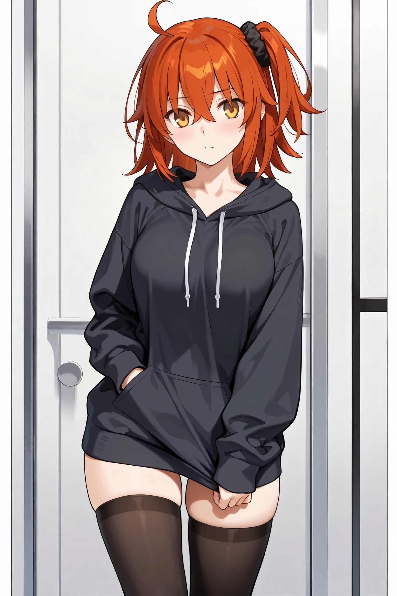 makima\(chainsaw man\), long sleeves, red hair, large breasts, solo, looking at viewer, thick thighs, hand in lap, yellow eyes, 1girl, thick hoodie, heavy hoodie, long flowing hair, indoors, white hoodie strings, makima, 36 year old mature woman, milf, (standing in kitchen), serious eyes contraditing smile, beautiful japanese home, extremely welcoming, long face, no pants, oversized hoodie, 3/4, body shot, light pink hoodie almost white, ponytail, tight hoodie, hands on head, arms up,dolfine shorts