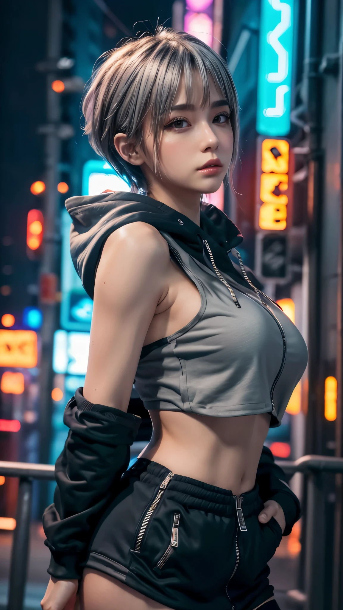 (masterpiece, best quality, 8k, sharp focus, depth of field, best shadows, perfect lights, HDR, realistic skin texture, hyper detailed background), Anime style, Long Angle Shot, ((CYBERPUNK THEME)), solo, 1 woman, she is a mercenary, (green eyes, white skin, black hair with ponytail, choker, small breasts, slim, makeup, Eyeliner, gloss), she is doing a job on a futuristic korean city, holding a Tech-katana with a strong grip, night, sky, waning moon, wearing a nice tech-jacket and leather pants.