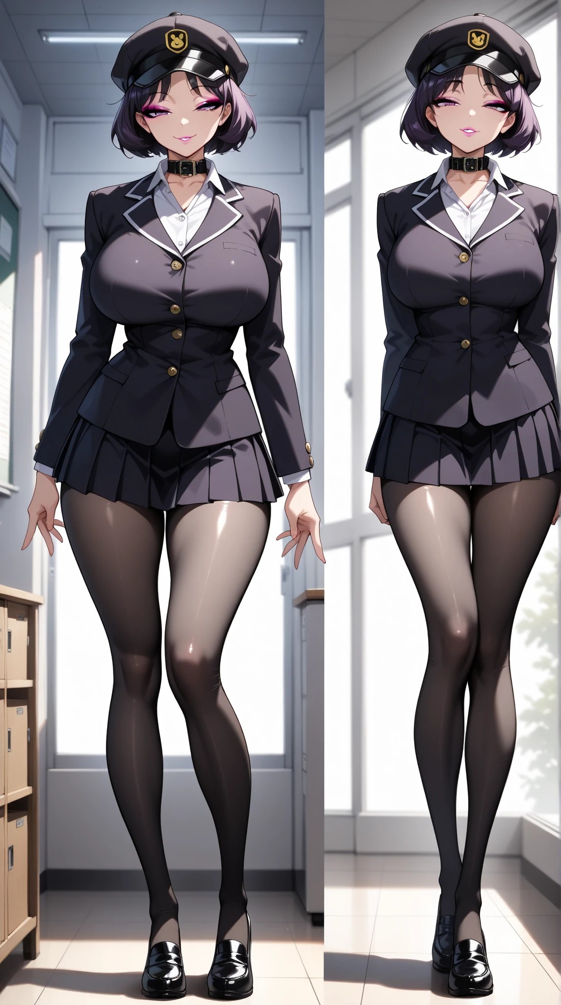Full body photo of beautiful sexy secretary in miniskirt and seam stockings, full body, best quality, realistic