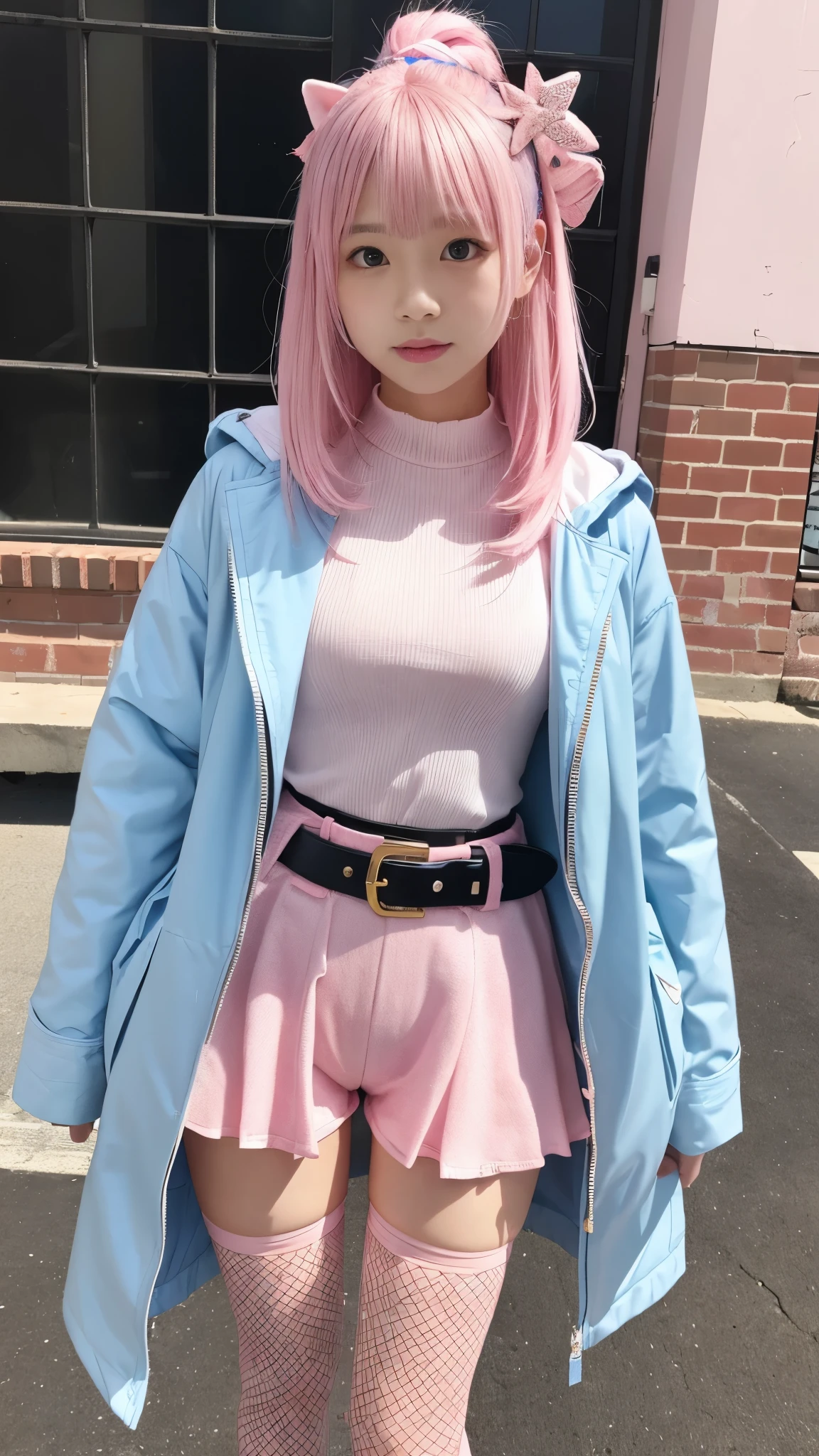 Naked Anime girl in full body, White background. young girl, 21 years old, With a cute face, large bright blue eyes and light smooth skin. She has pink hair, collected in a neat hairstyle, with small stray strands. The girl is dressed in a blue winter coat and a red scarf with black veins. The girl's mood is debauchery, she smiles, creating an atmosphere of excitement and friendliness.