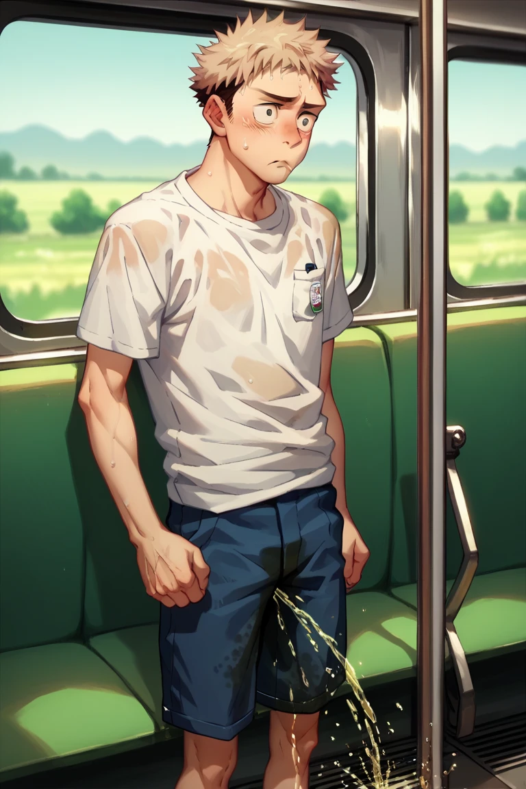 ultra-detailed, masterpiece, best quality, highres, extremely detailed, nsfw, (solo shoot:1.5), (1boy:1.5), man, (lean guy:1.5), short hair, work clothes, open shirt, bottomless, torn clothes, drunk, (restrained:1.5), shackles, handcuffs, bondage, (excessive cum on body:1.5), train interior