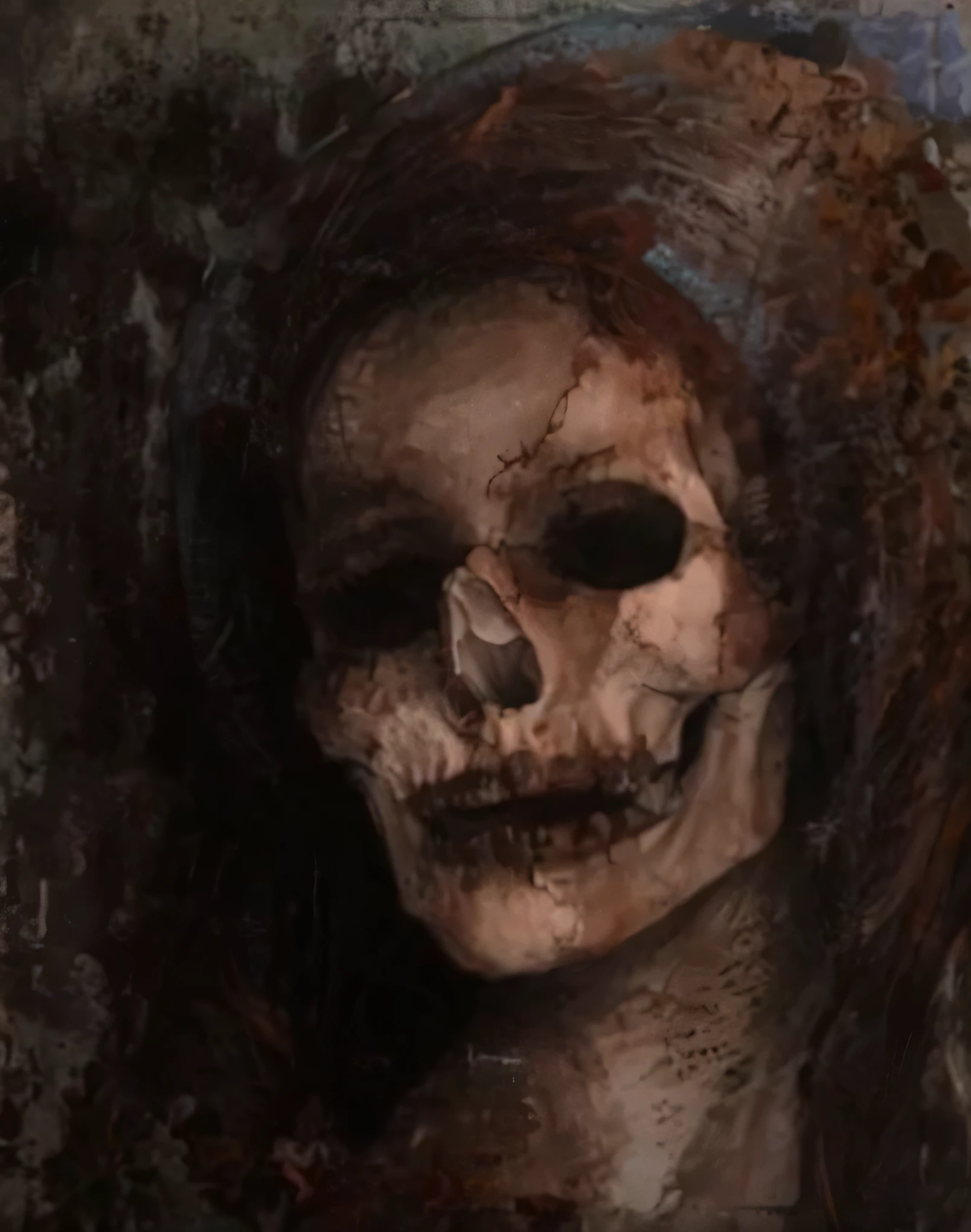 "(The best lighting, alto contraste, oscuro, dramatic),(Chica rubia junto a una cabra negra gigante, Open the rib cage, feto, autopsia, huesos humanos, sangre por las paredes). Luz Caravaggio"