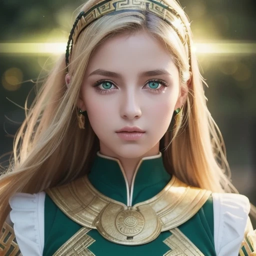 ((( Dumb ))), ((( best quality ))), portrait , Digital Art , ( trending on Artstation), (( 1 girl)), ((Green glowing eyes)), Star-shaped eyes, beautiful, (Blonde beige), ((( Greek Outfits))):0.9.