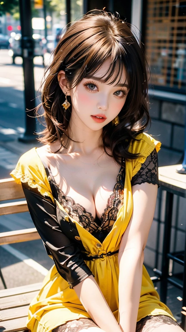 「Create a unique portrait with a vibrant yellow theme。At the center is、It depicts a young woman wearing a yellow floral dress.。She is sitting on a big banana、The background is also unified in bright yellow.。The woman's expression is bright、Her relaxed smile is impressive。Her hair is shoulder-length、Fluttering lightly in the wind。The overall color scheme is vibrant and cheerful.、The design has a pop art feel to it.。The simplicity of the background and the details of the banana create a unique contrast.、The result is a work that leaves a strong visual impact.。」