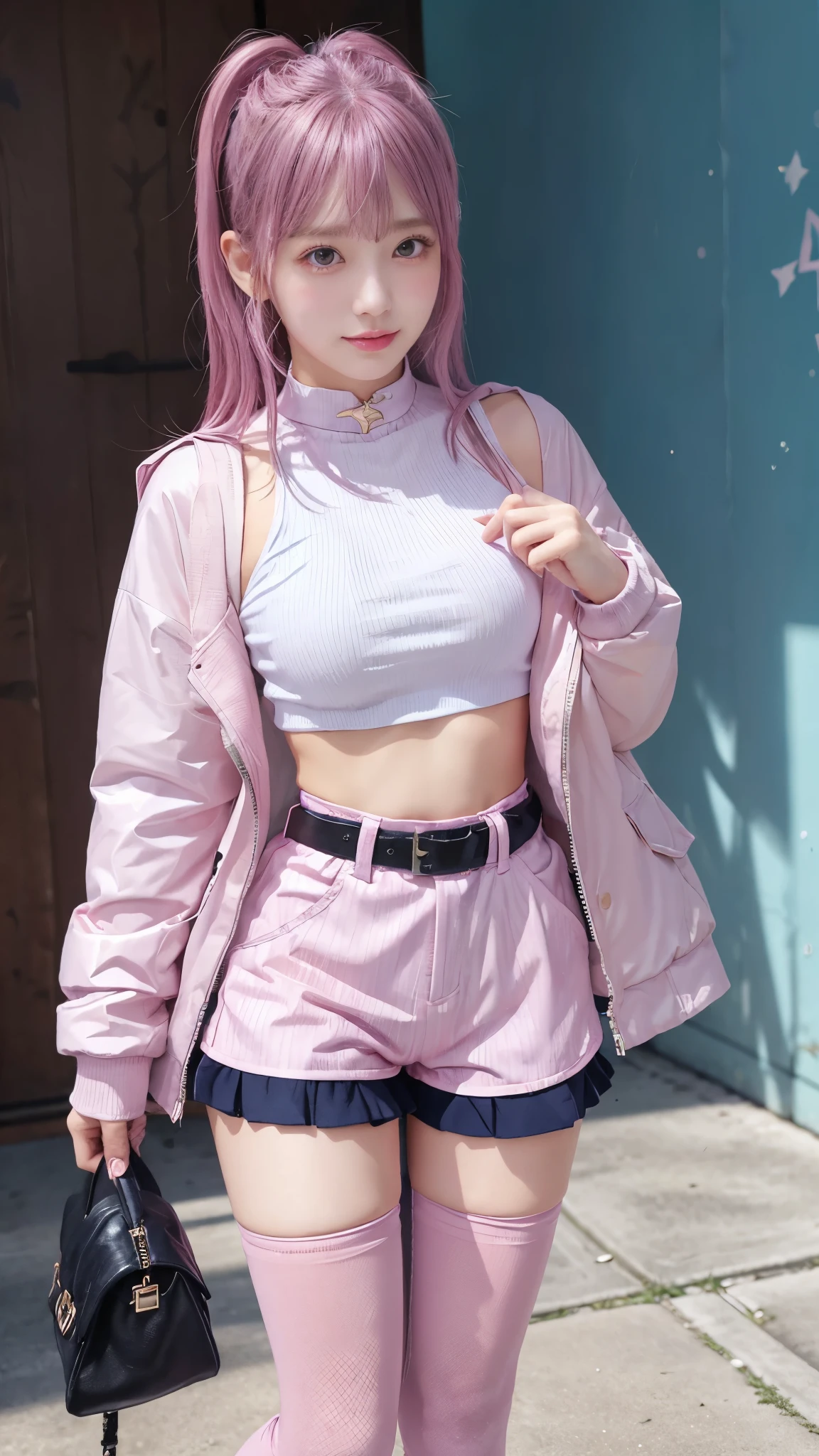 Photo realistic, High resolution, detailed beautiful skin, detailed nose, soft lighting, (solo shot:1.23), (upper body:1.1), closed shot, (breast focused:1.3), looking at viewer, (((nice hand, perfect hand))), clear eyes,// japanese lady, pale skin, mega breasts, // (wearing T-shirts ), pink hair, short hair, street snap, ((facing viewer)), at the street tokyo,