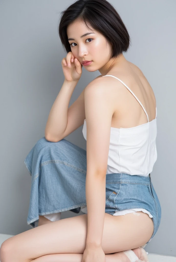 この画像の詳細を再現するためのpromptの例を以下に示します。
---
**prompt:**
A beautiful Japanese girl、Wearing a casual grey tank top and denim shorts。She has short black hair、This style has bangs slightly covering the eyes.。The pose is from a low angle, looking up.、She put her hands on her hips、He has a strong and confident look。As a photographic technique、The camera captures her from a low angle.、A wide-angle lens is used to enhance the perspective。Reproduces realistic texture、The details of the clothes and the texture of the skin are faithfully depicted.。The simple background makes her presence stand out.、The overall look is realistic and realistic.。