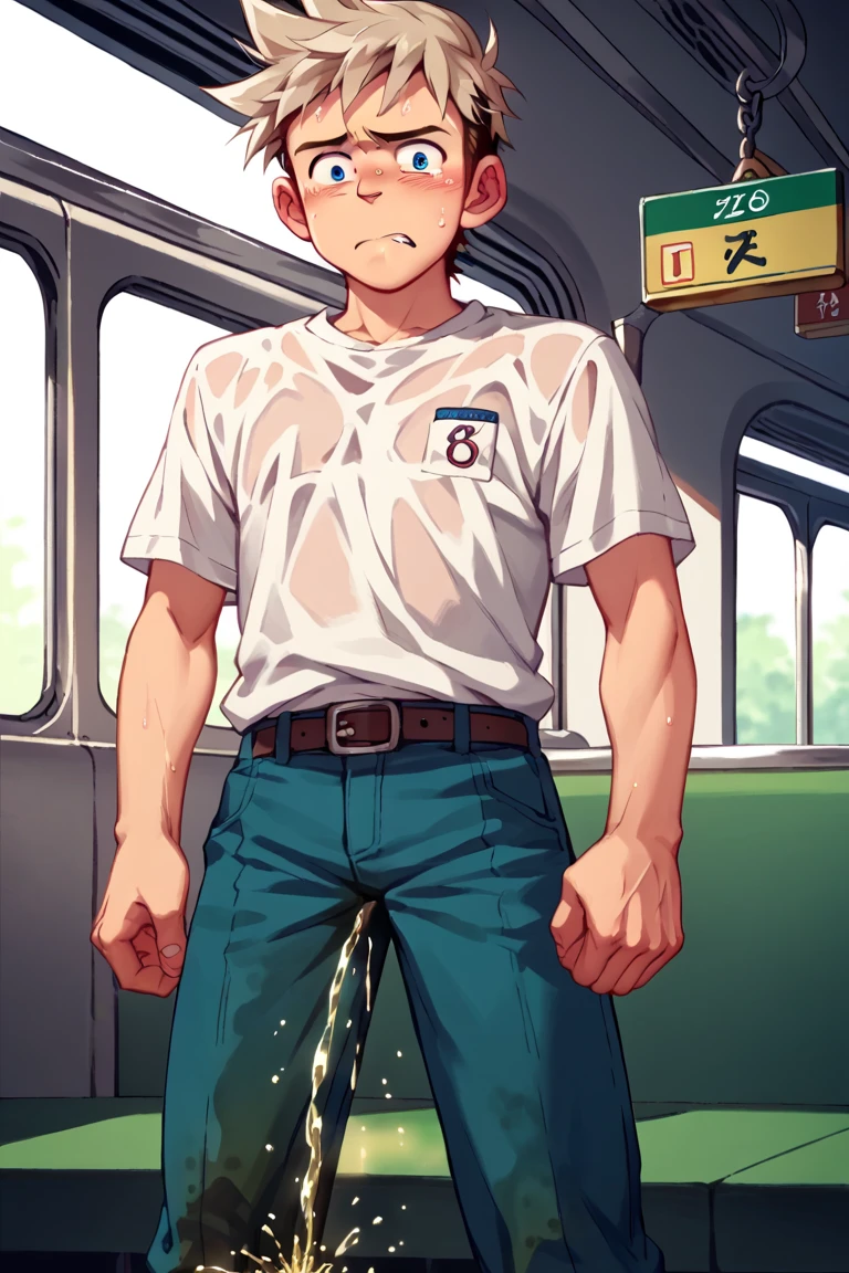 In the morning corridor, there's a slender and mascular young man in his tighty whities. He is running. He is pissing himself. There's a pee wet spot around the bulge of his briefs. His pee is dropping off from his briefs There's pee puddles on the floor. He looks panicking and scared. Anime.